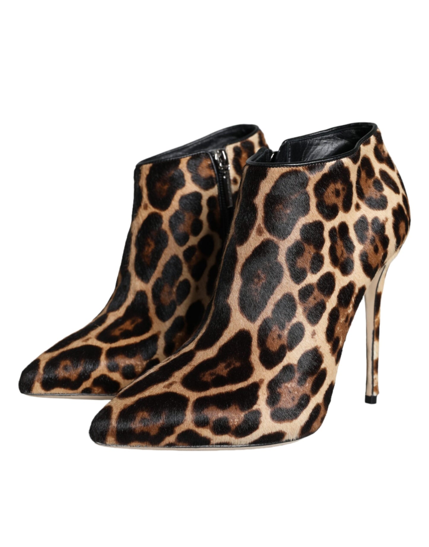 Dolce & Gabbana Brown Leopard Calf Fur Heels Ankle Boots Shoes EU37.5 / US7