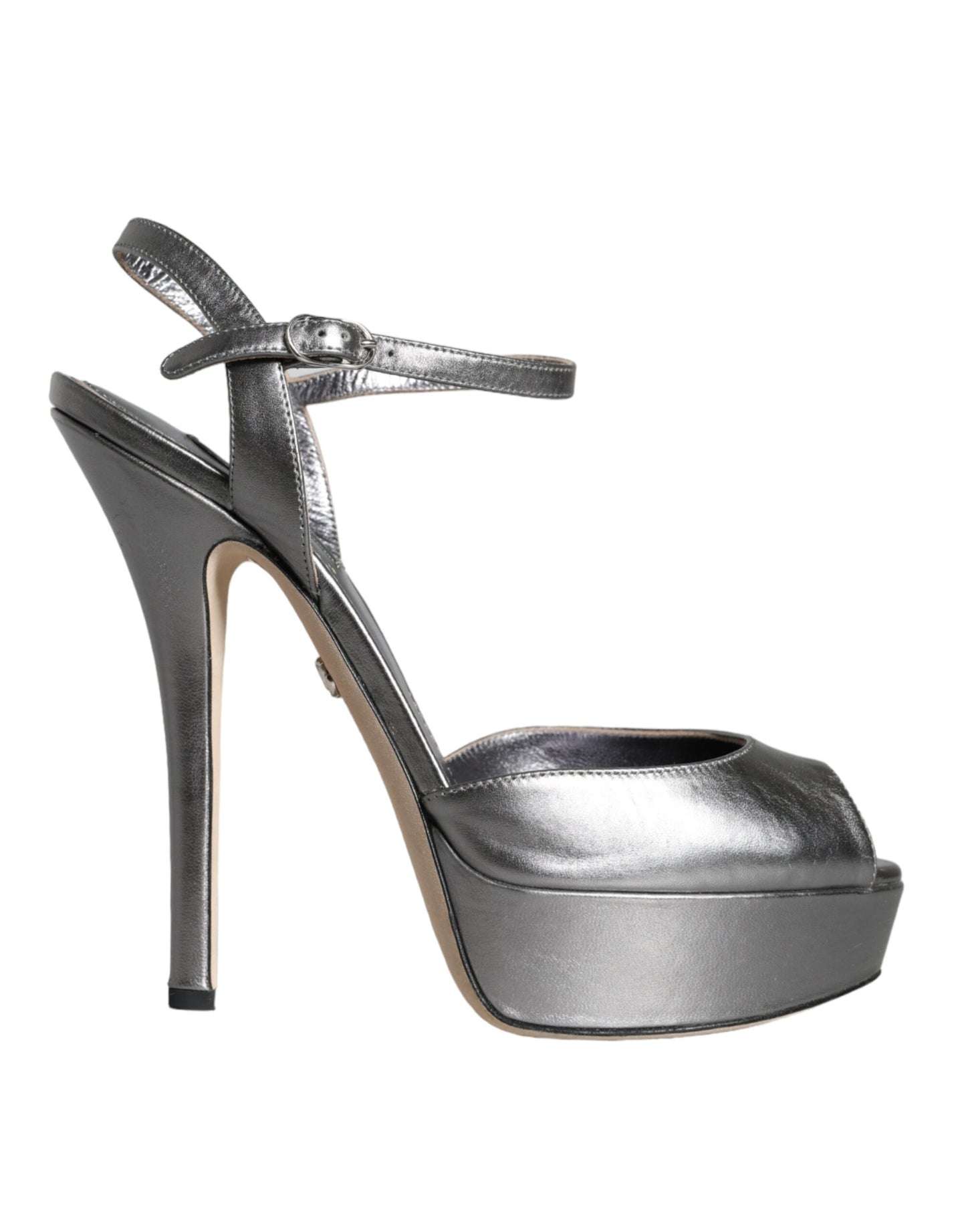 Dolce & Gabbana Metallic Silver Leather Keira Platform Sandals Shoes EU38 / US7.5