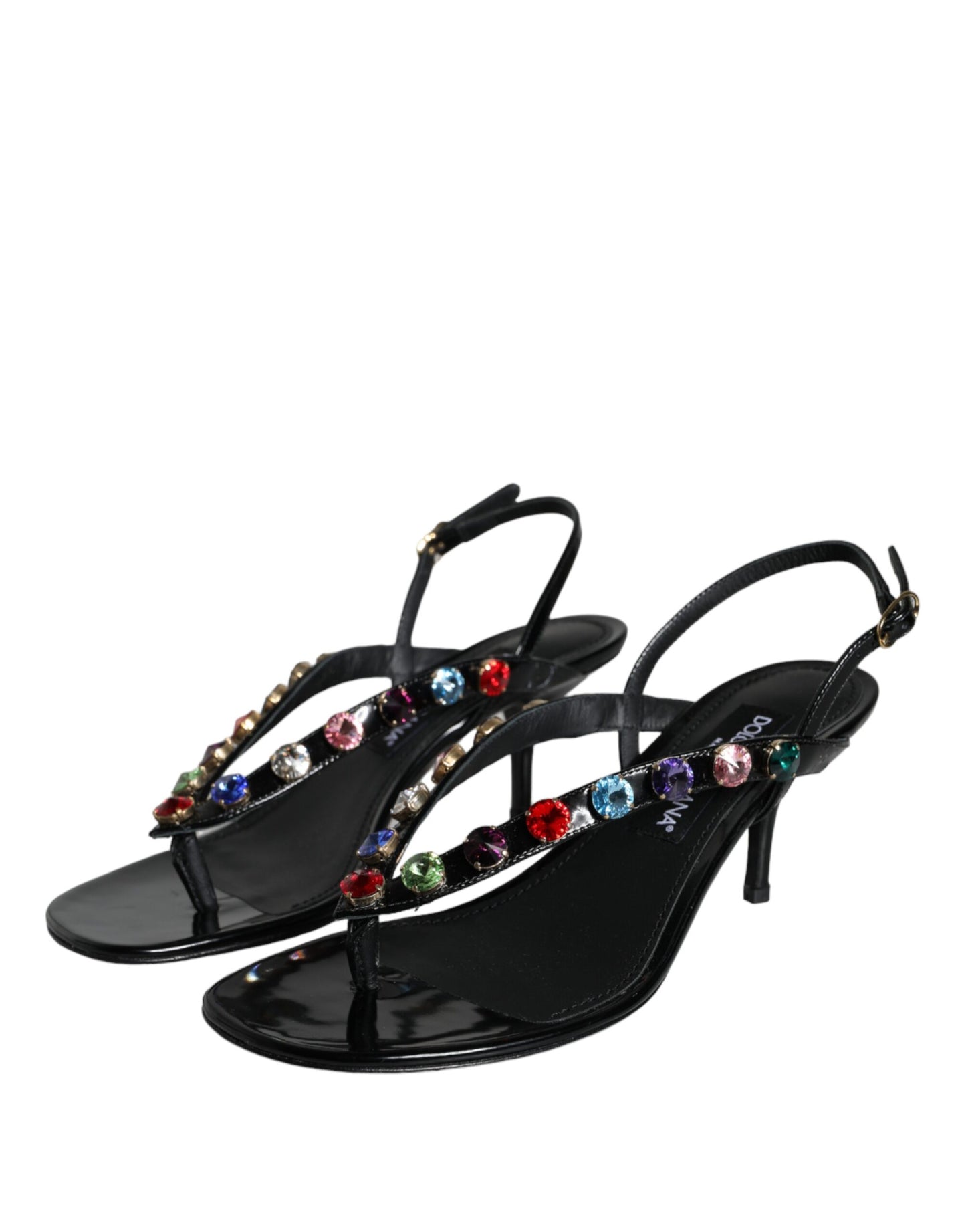 Dolce & Gabbana Black Leather Crystal Slingback Sandals Shoes EU39 / US8.5