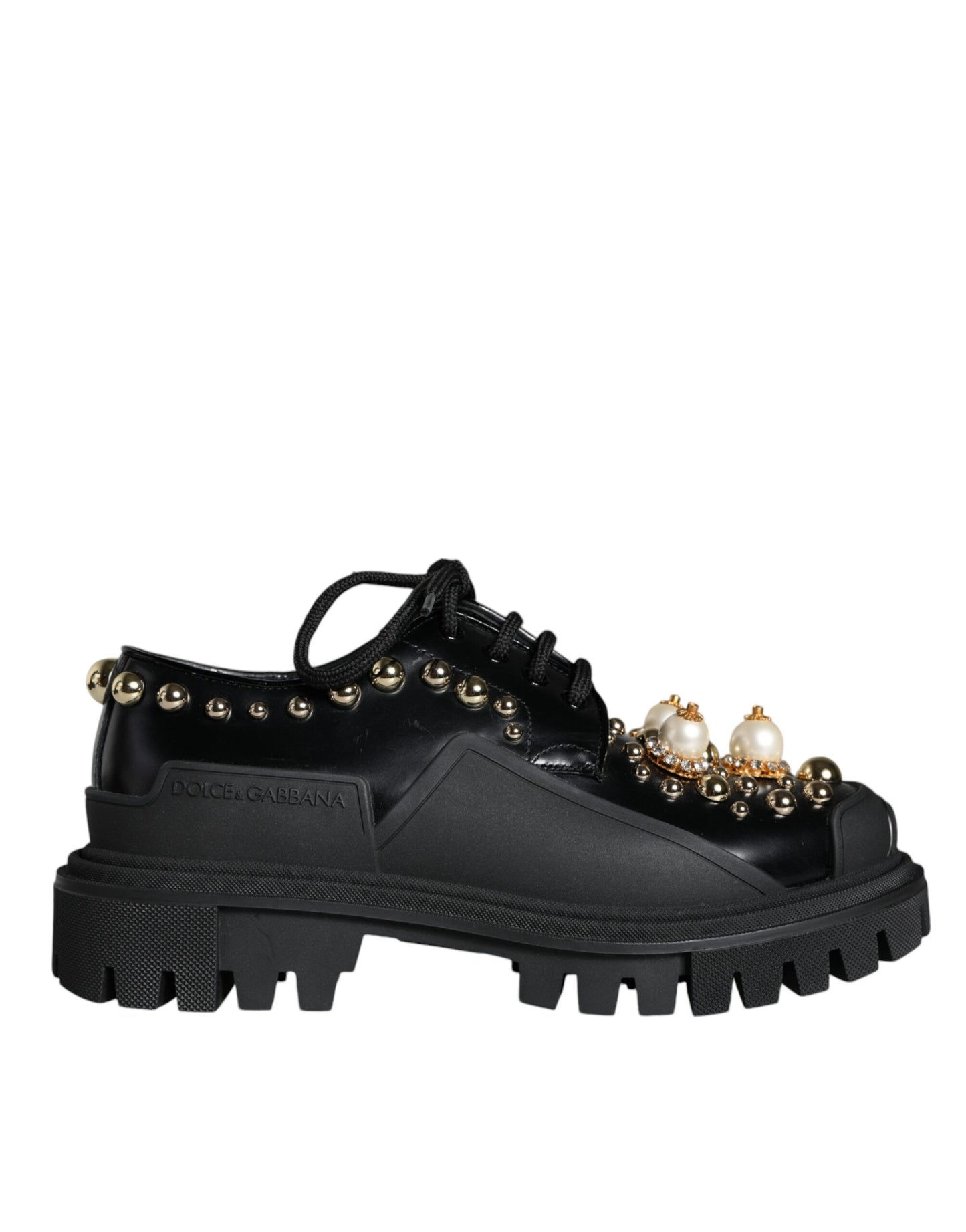 Dolce & Gabbana Black Leather Trekking Derby Embellished Shoes EU37 / US6.5