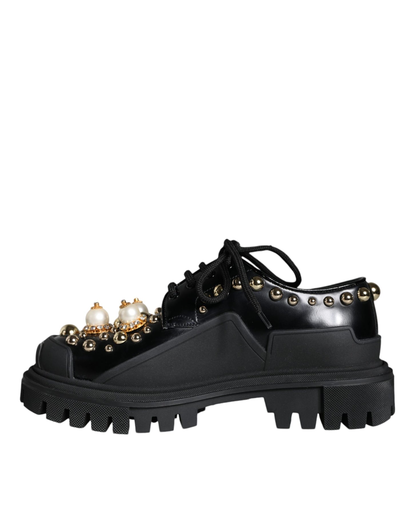 Dolce & Gabbana Black Leather Trekking Derby Embellished Shoes EU37 / US6.5