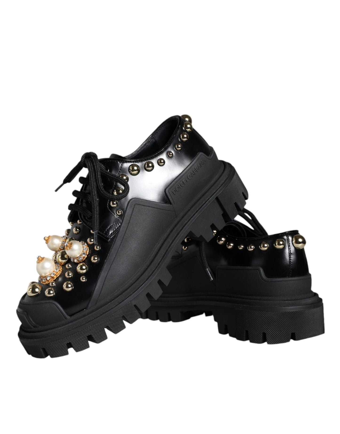 Dolce & Gabbana Black Leather Trekking Derby Embellished Shoes EU37 / US6.5