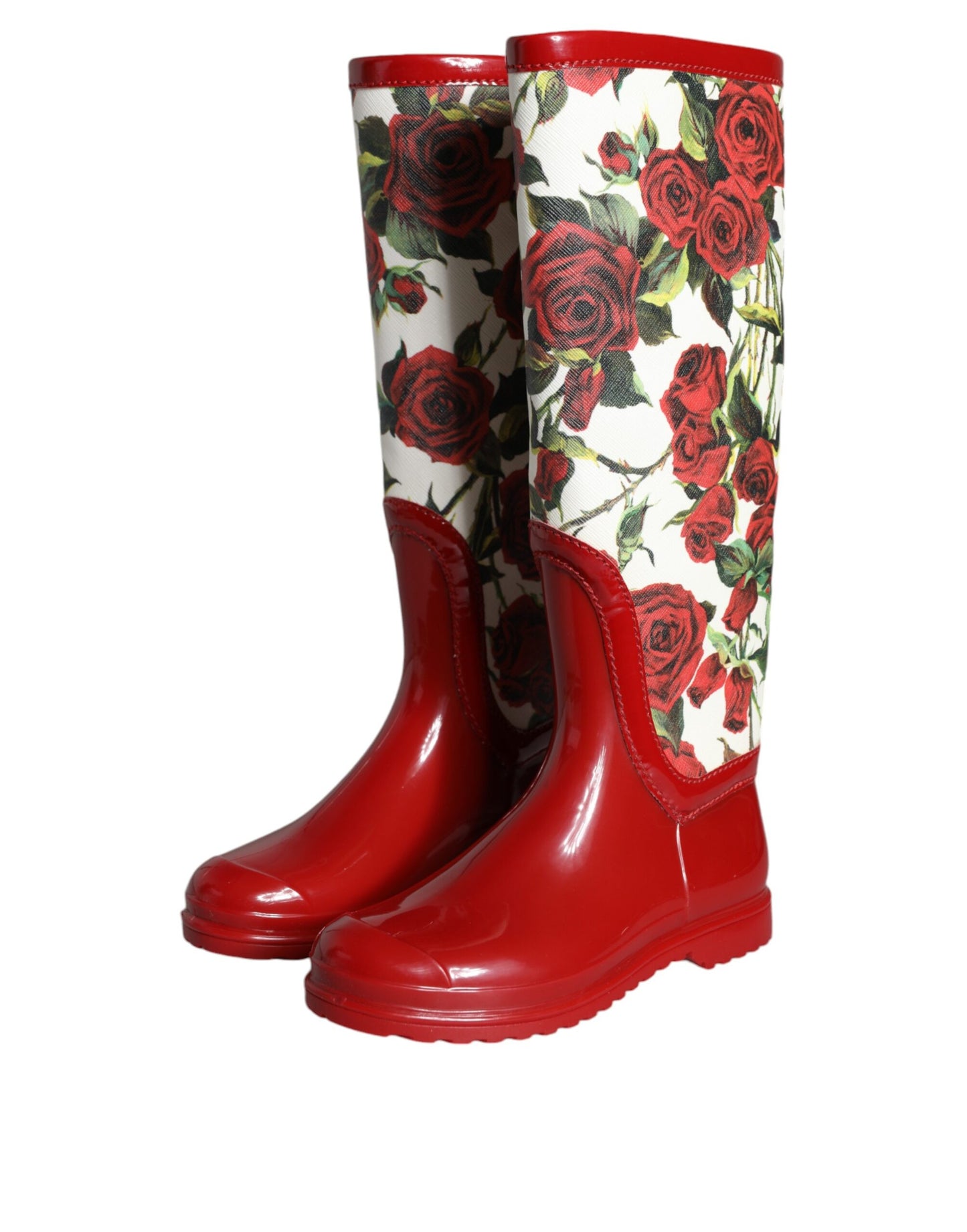 Dolce & Gabbana Red Floral Rubber Knee High Flat Boots Shoes EU36 / US5.5