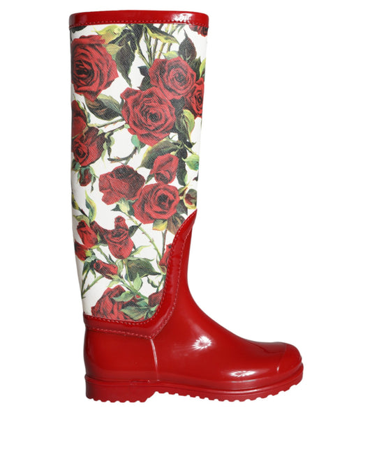 Dolce & Gabbana Red Floral Rubber Knee High Flat Boots Shoes EU36 / US5.5