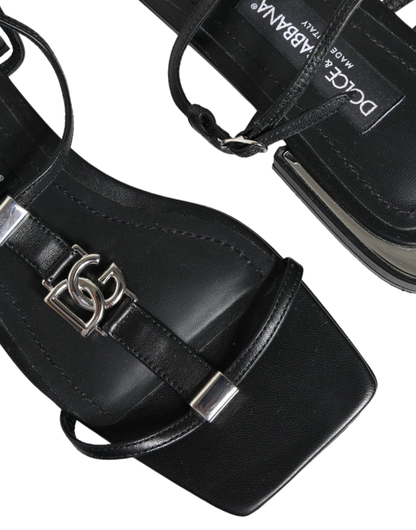 Dolce & Gabbana Black Leather Logo Ankle Strap Keira Sandals Shoes EU39 / US8