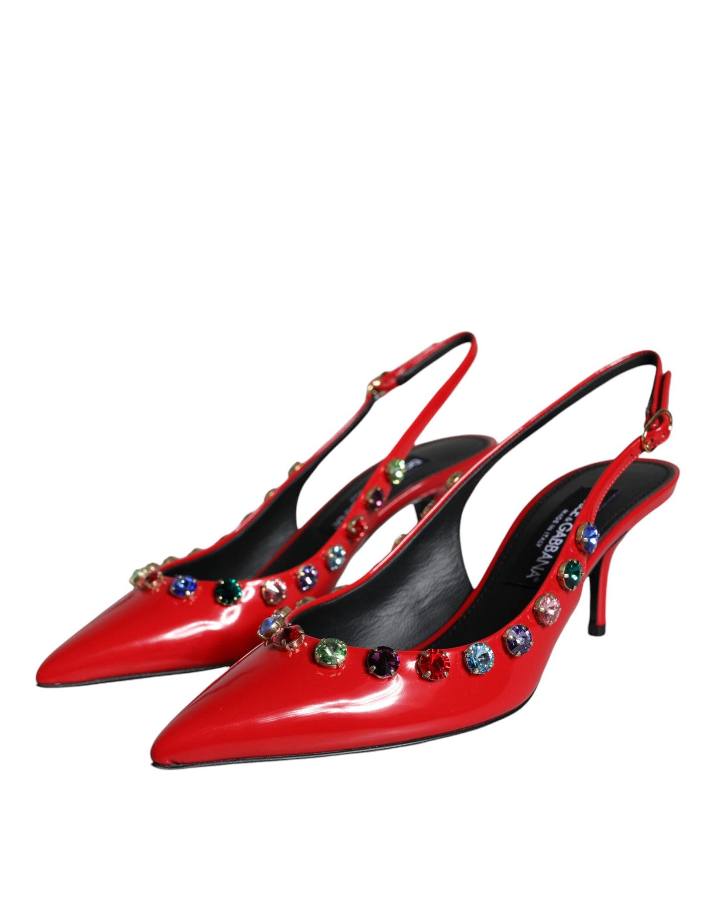 Dolce & Gabbana Red Leather Crystal Heels Slingback Shoes EU39 / US8