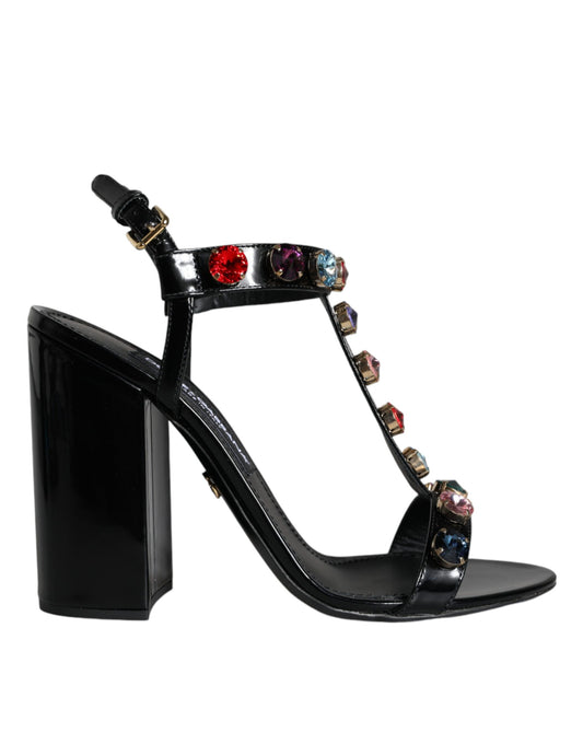 Dolce & Gabbana Black Crystal Leather T-strap Sandals Shoes EU39 / US9