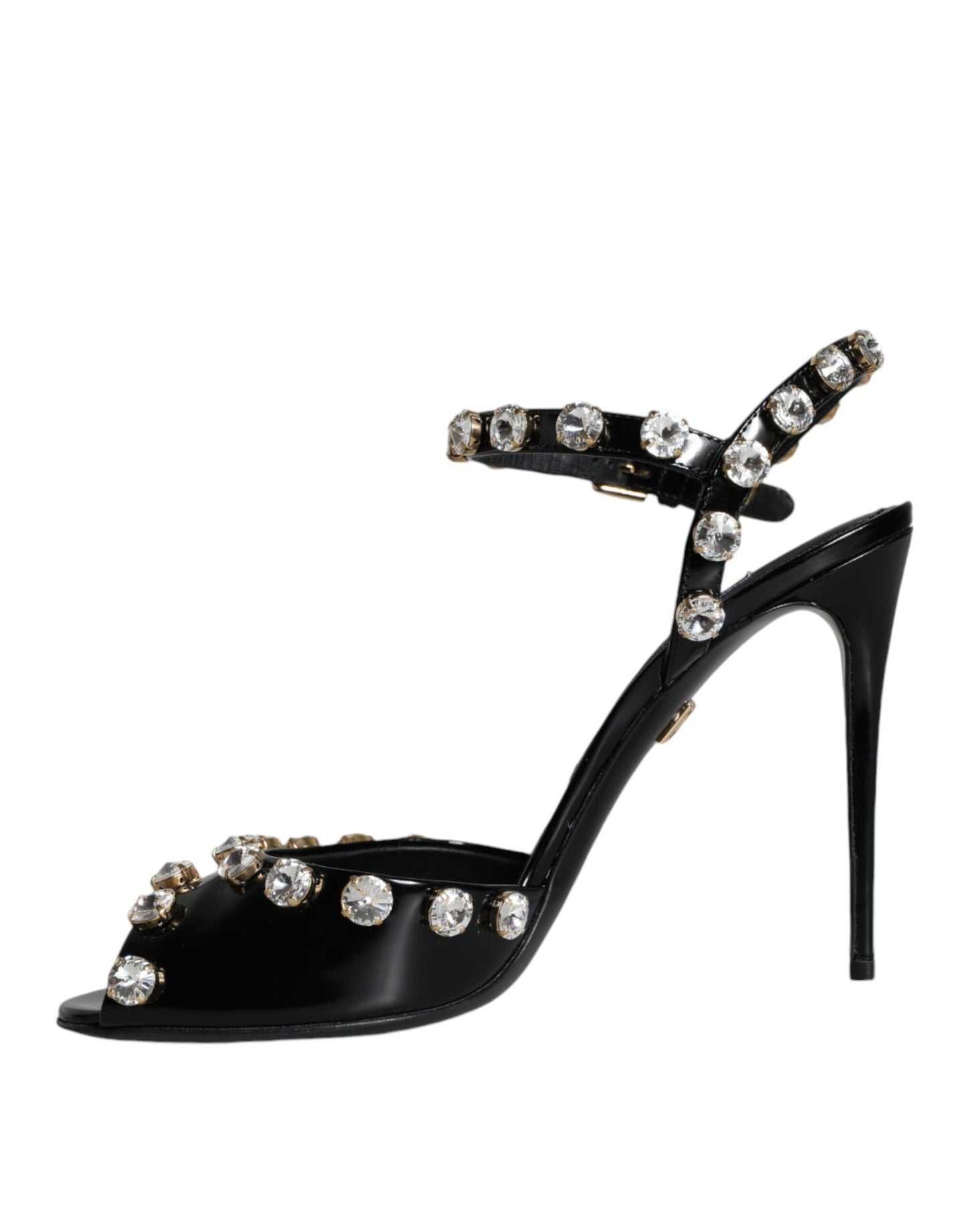 Dolce & Gabbana Black Leather Crystal Ankle Strap Sandals Shoes EU39 / US9