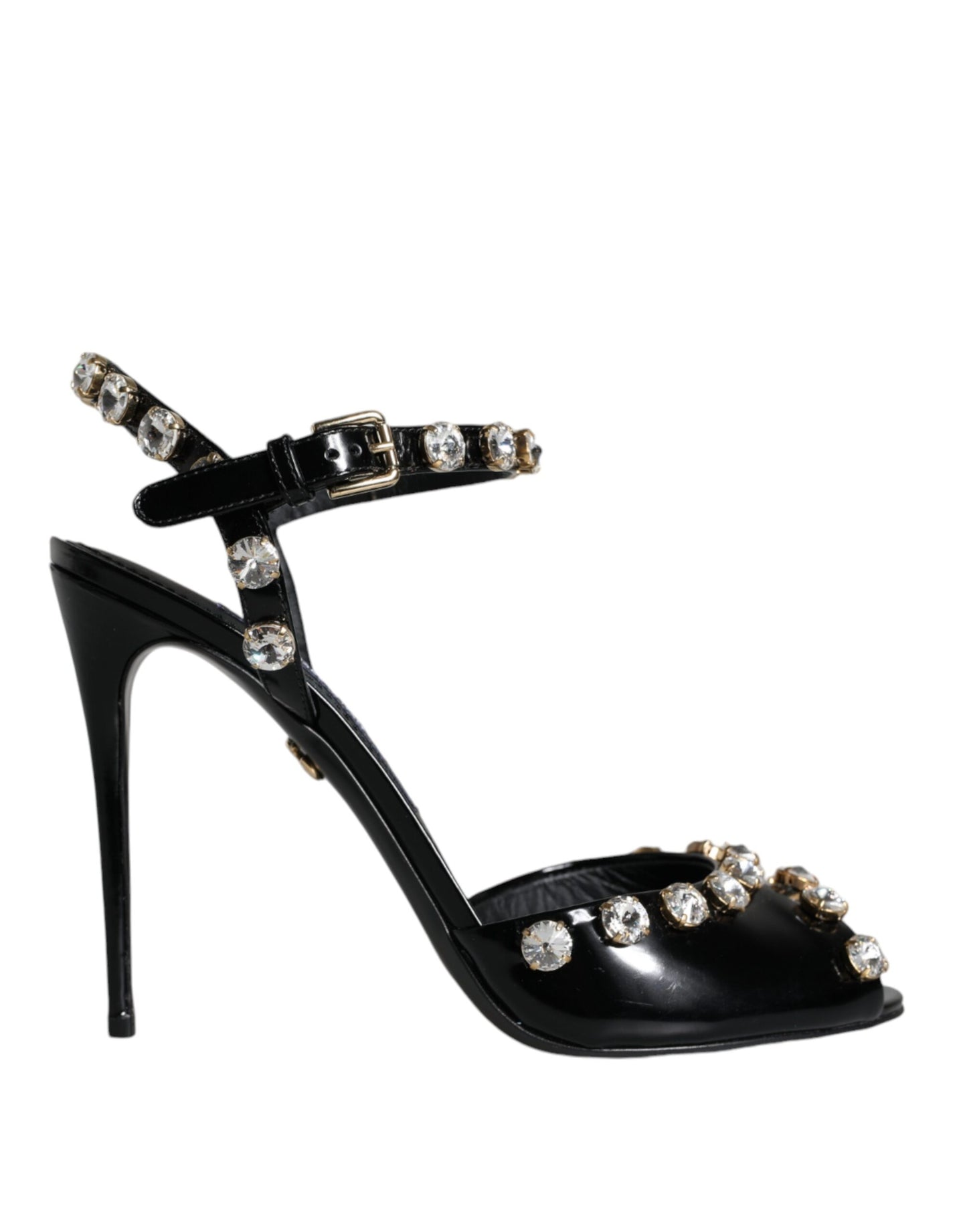 Dolce & Gabbana Black Leather Crystal Ankle Strap Sandals Shoes EU39 / US9