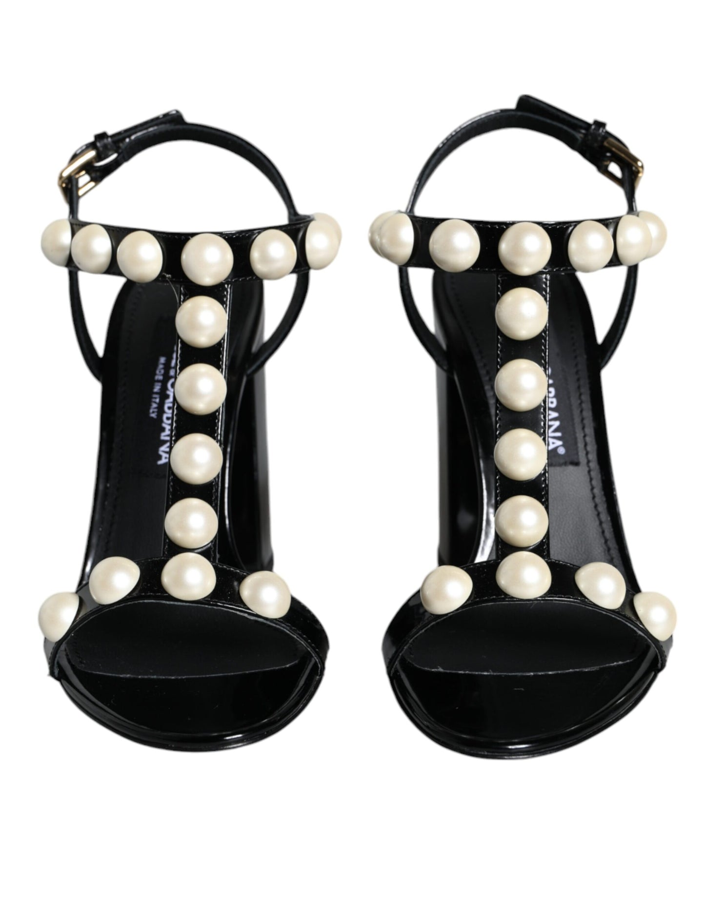 Dolce & Gabbana Black Leather Pearls T-strap Sandals Shoes EU38 / US8