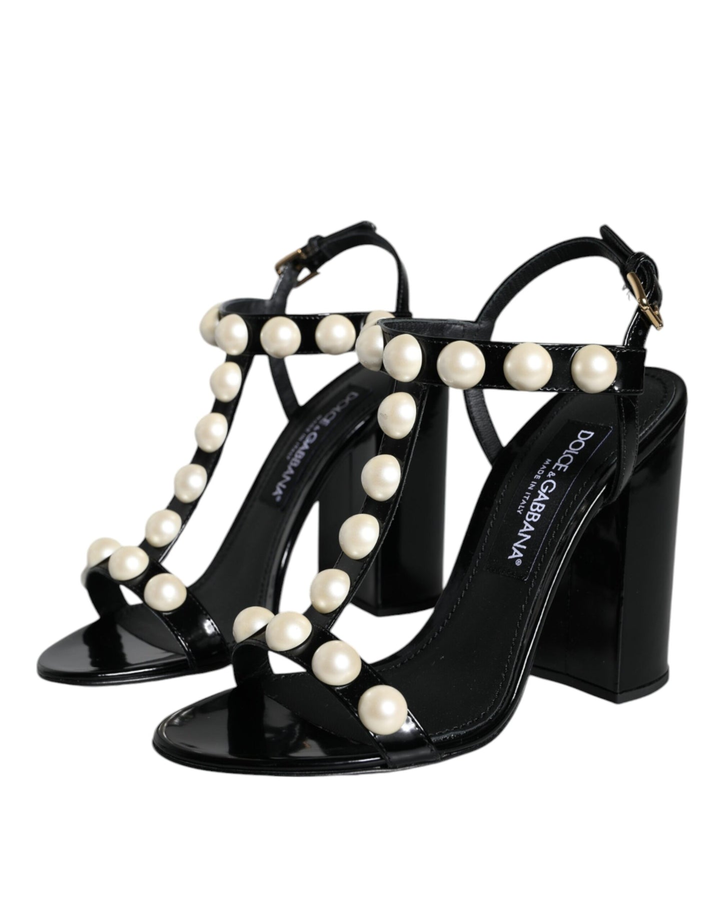 Dolce & Gabbana Black Leather Pearls T-strap Sandals Shoes EU38 / US8