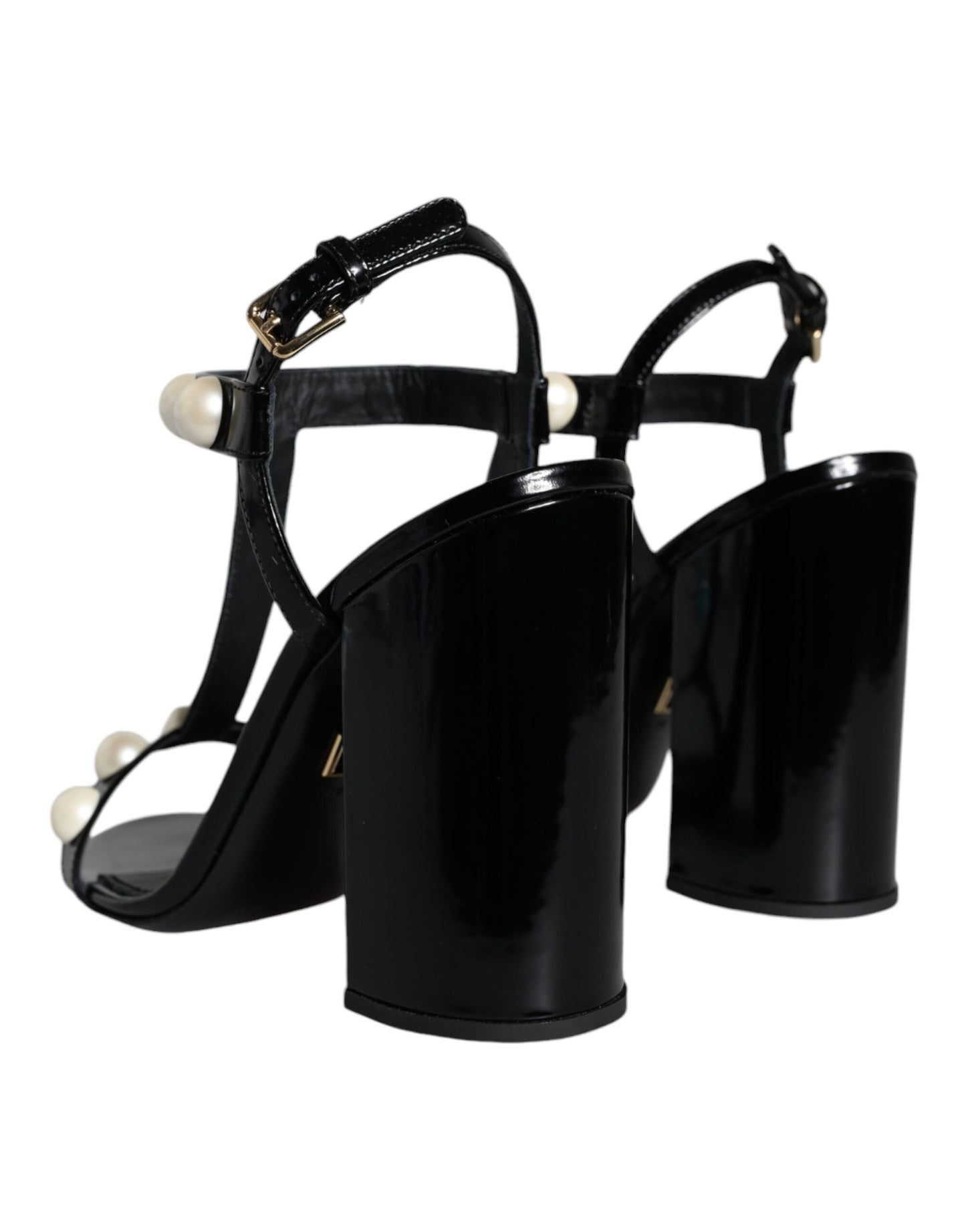 Dolce & Gabbana Black Leather Pearls T-strap Sandals Shoes EU38 / US8