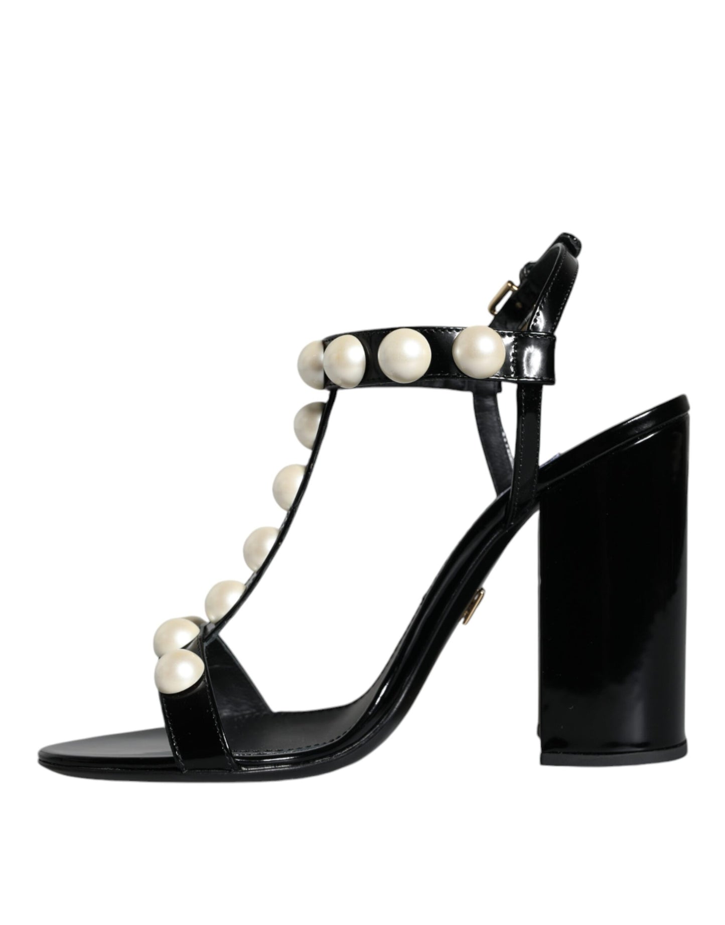 Dolce & Gabbana Black Leather Pearls T-strap Sandals Shoes EU38 / US8