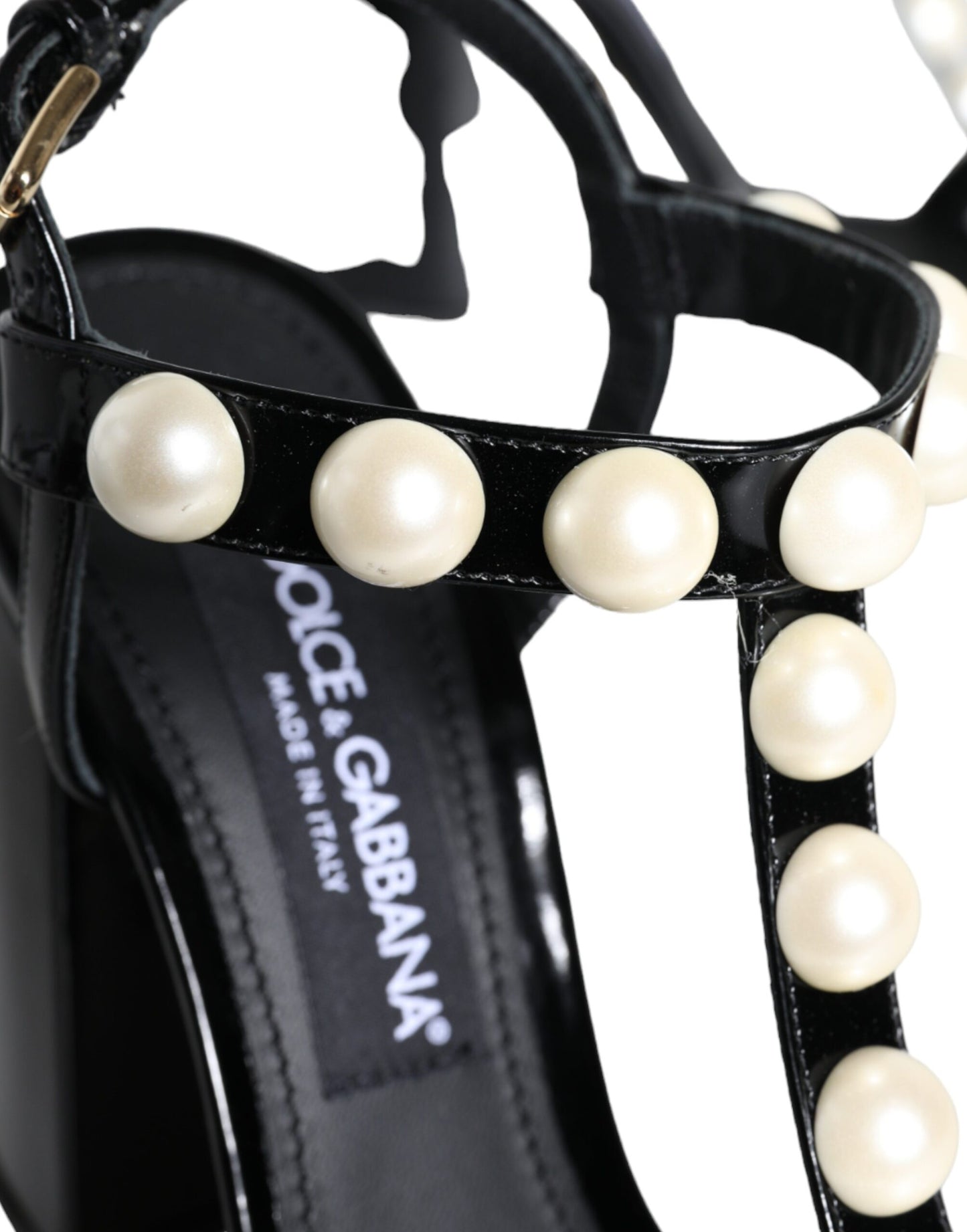 Dolce & Gabbana Black Leather Pearls T-strap Sandals Shoes EU38 / US8