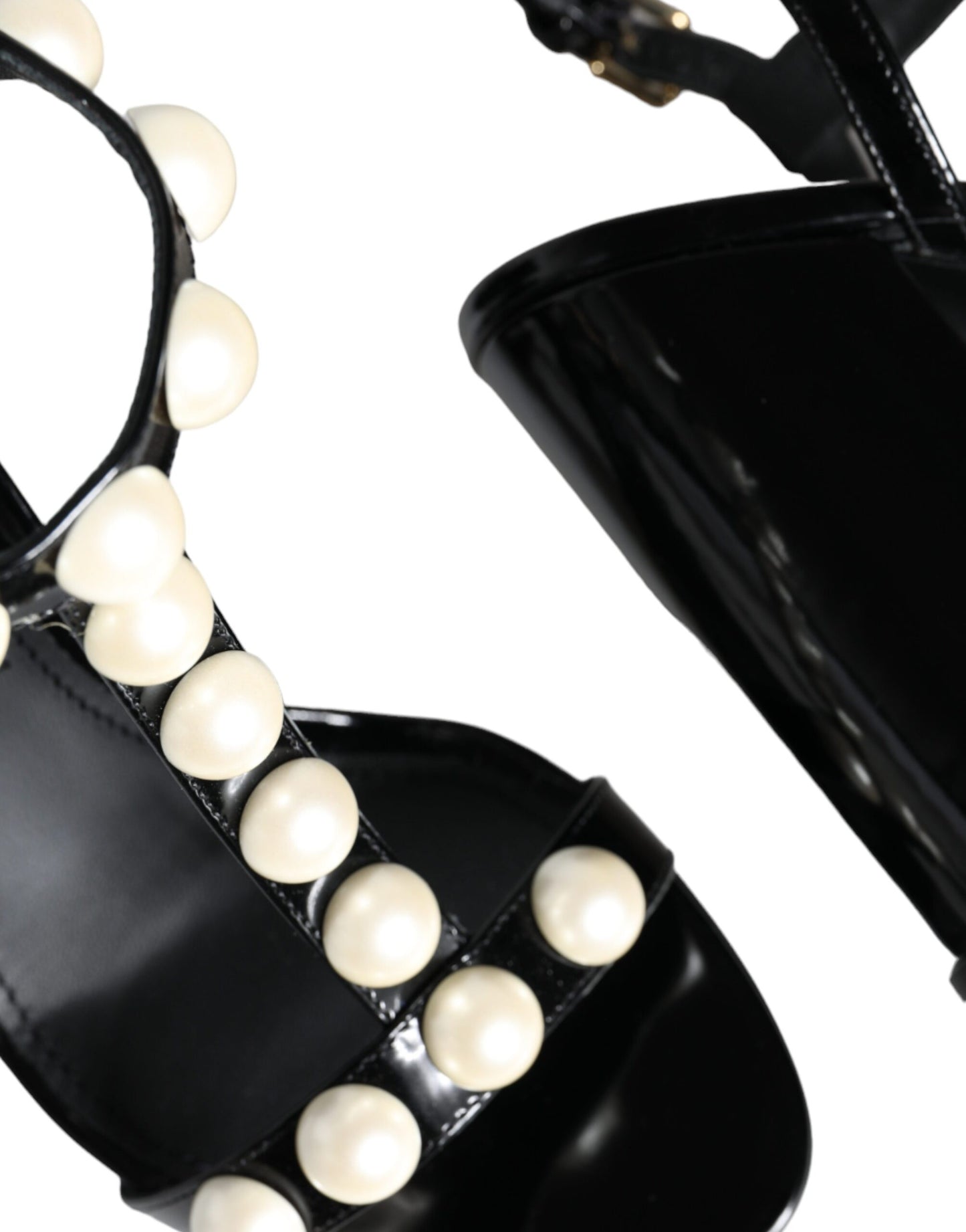 Dolce & Gabbana Black Leather Pearls T-strap Sandals Shoes EU38 / US8