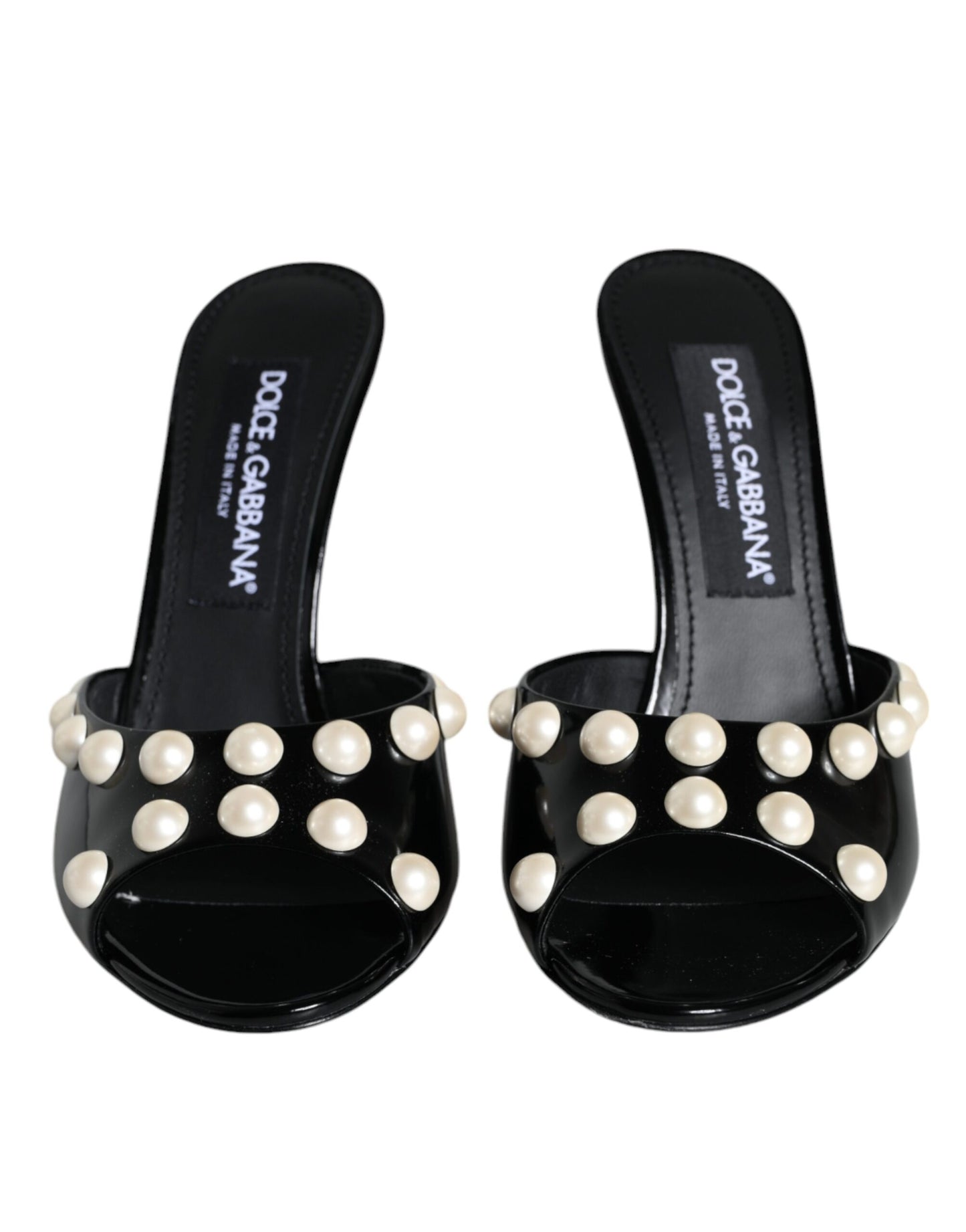 Dolce & Gabbana Black Leather Pearls Slides Sandals Shoes EU38 / US8