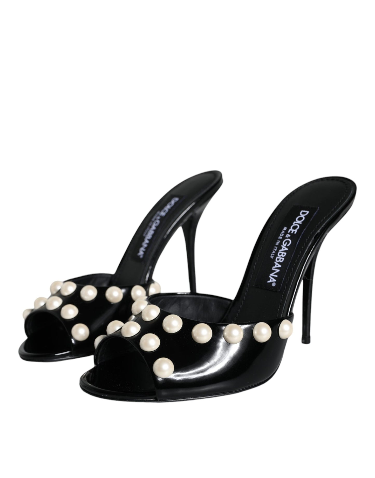 Dolce & Gabbana Black Leather Pearls Slides Sandals Shoes EU38 / US8