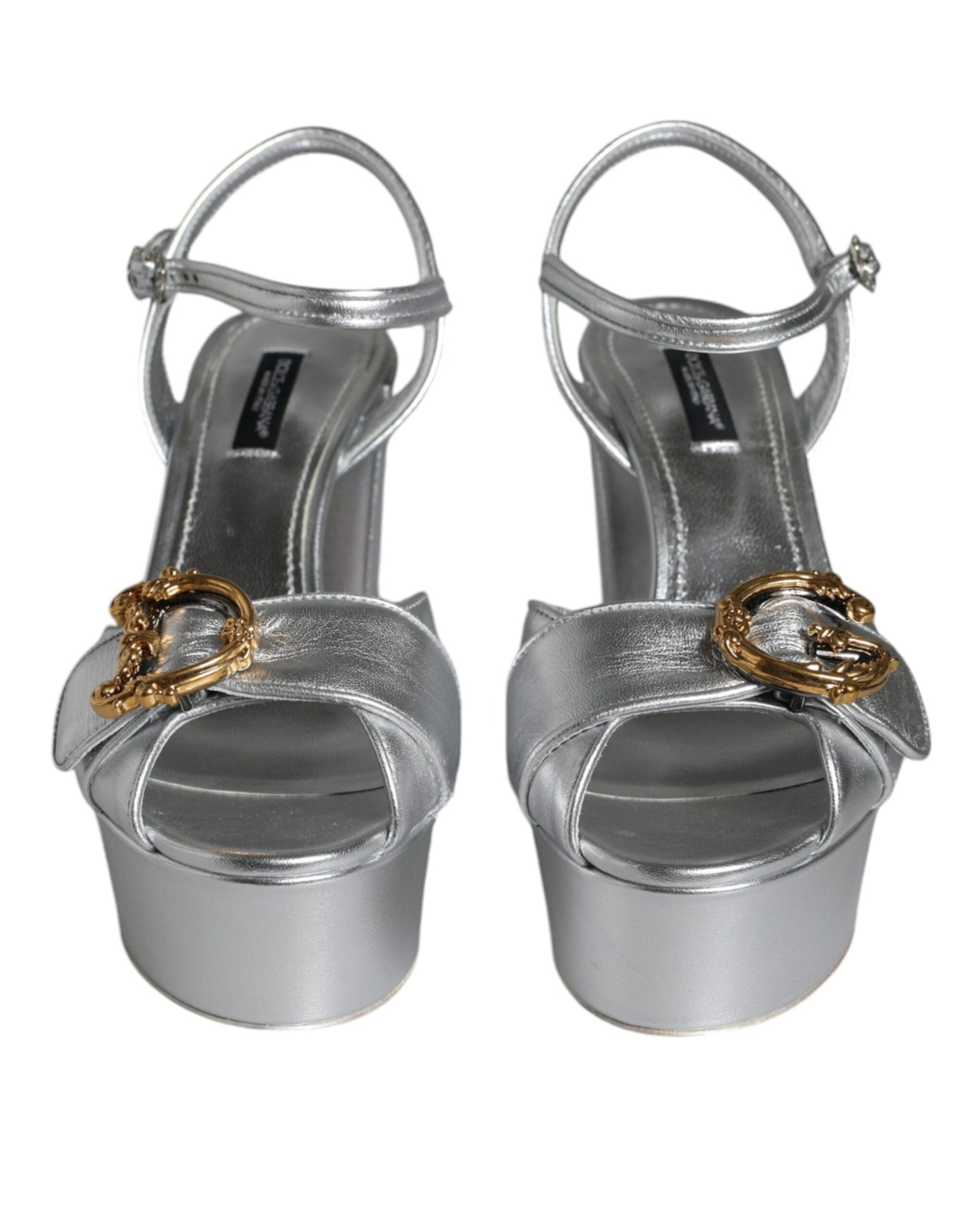 Dolce & Gabbana Silver Leather Platform Logo Keira Sandals Shoes EU37.5 / US7.5