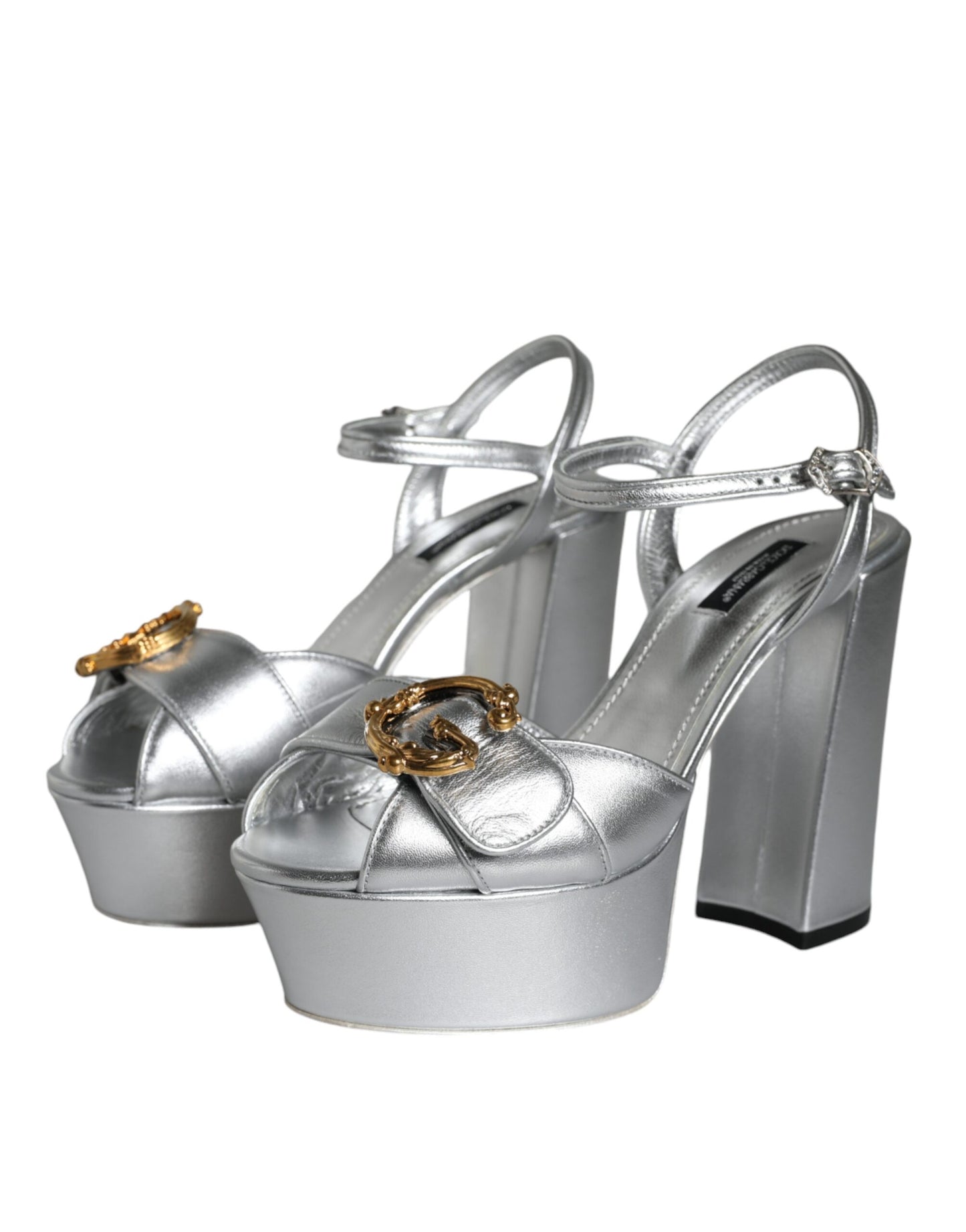 Dolce & Gabbana Silver Leather Platform Logo Keira Sandals Shoes EU37.5 / US7.5