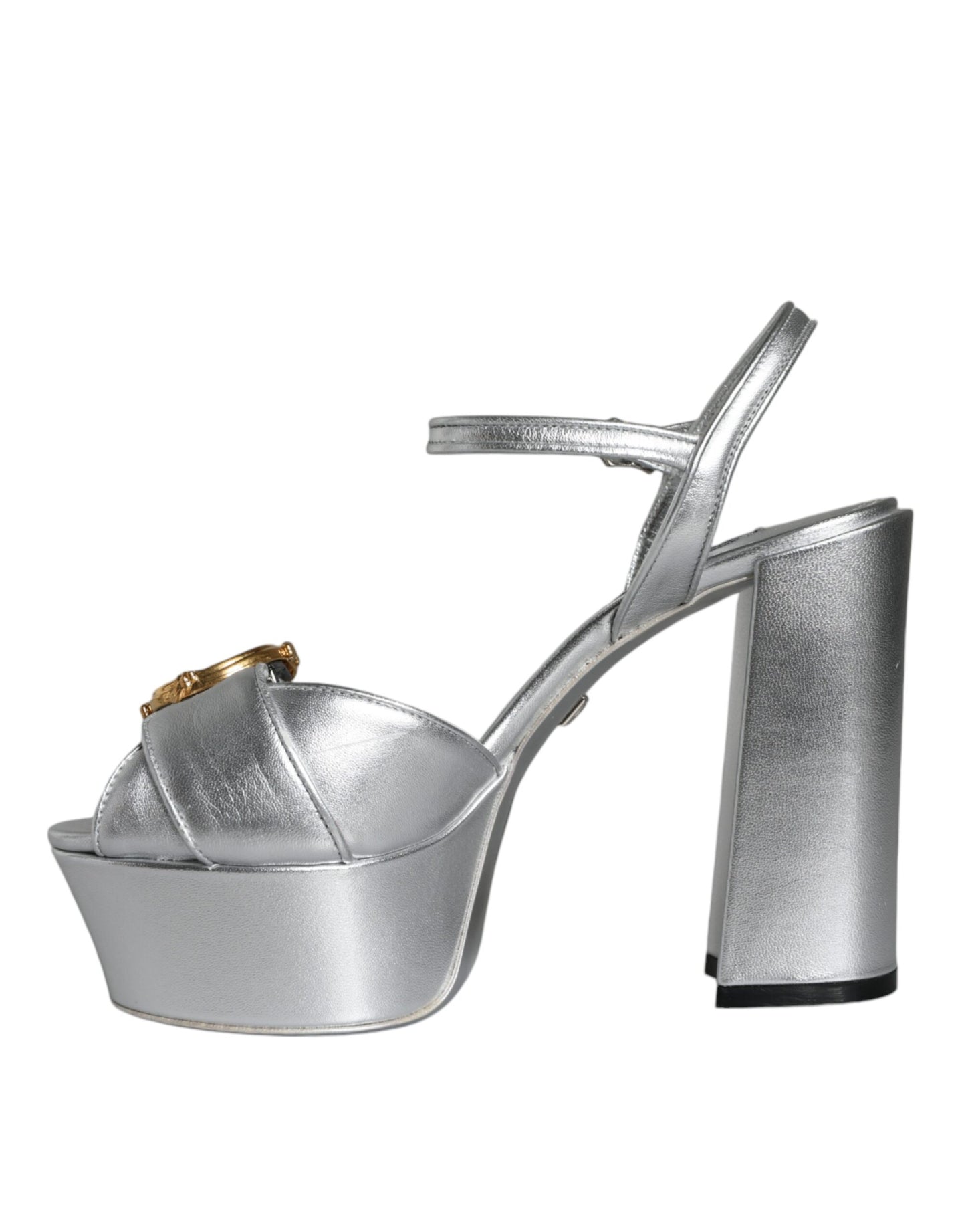 Dolce & Gabbana Silver Leather Platform Logo Keira Sandals Shoes EU37.5 / US7.5