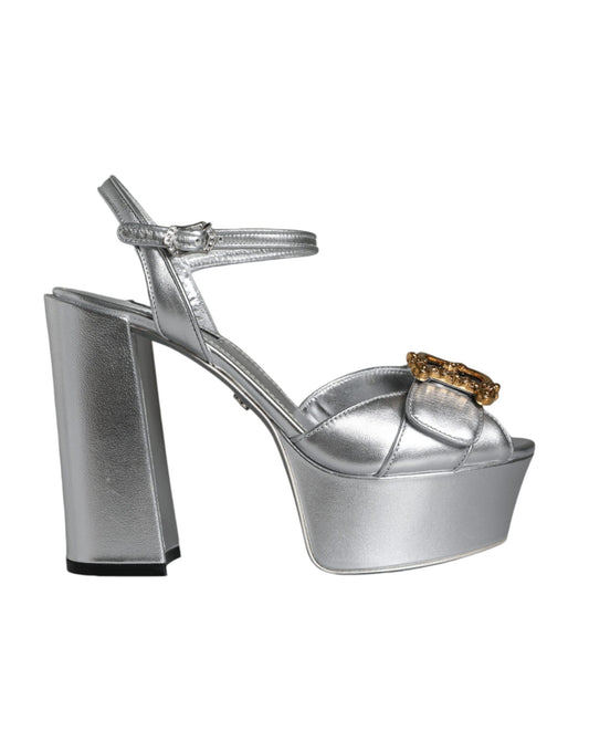 Dolce & Gabbana Silver Leather Platform Logo Keira Sandals Shoes EU37.5 / US7.5