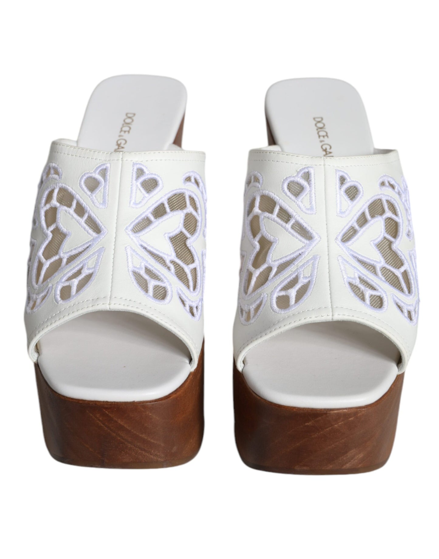 Dolce & Gabbana White Leather Wood Mules Wedge Slides Shoes EU37.5 / US7.5