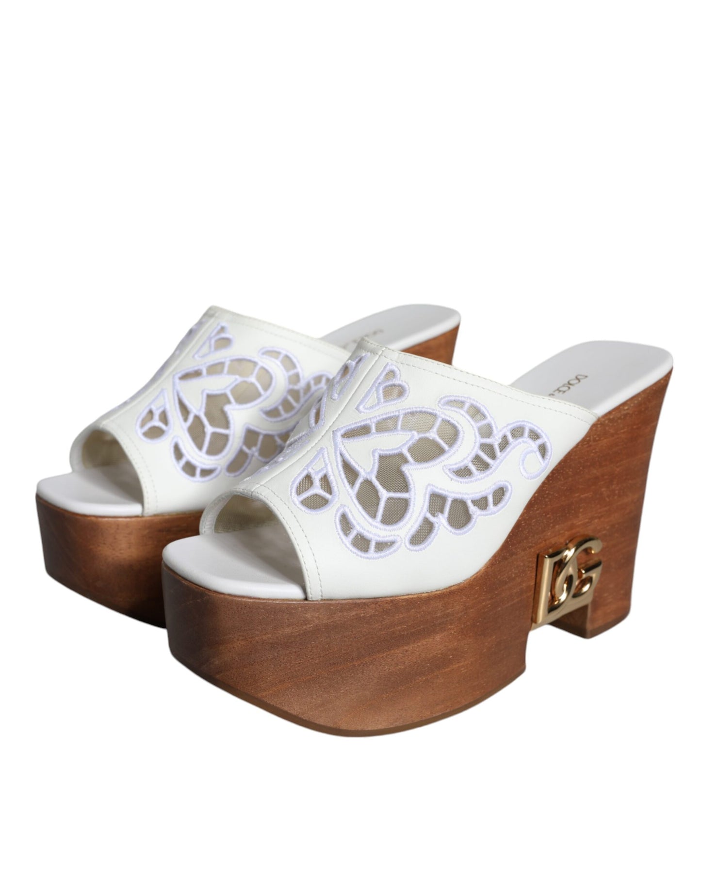 Dolce & Gabbana White Leather Wood Mules Wedge Slides Shoes EU37.5 / US7.5