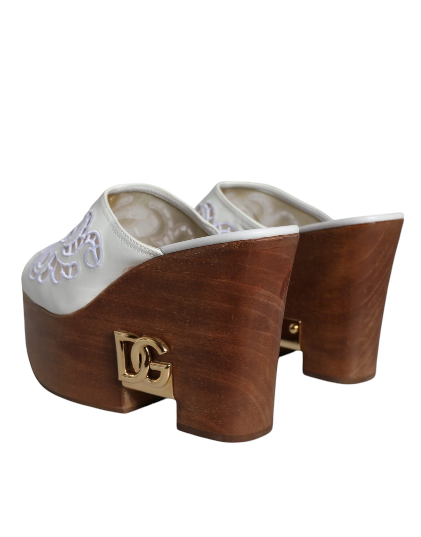 Dolce & Gabbana White Leather Wood Mules Wedge Slides Shoes EU37.5 / US7.5