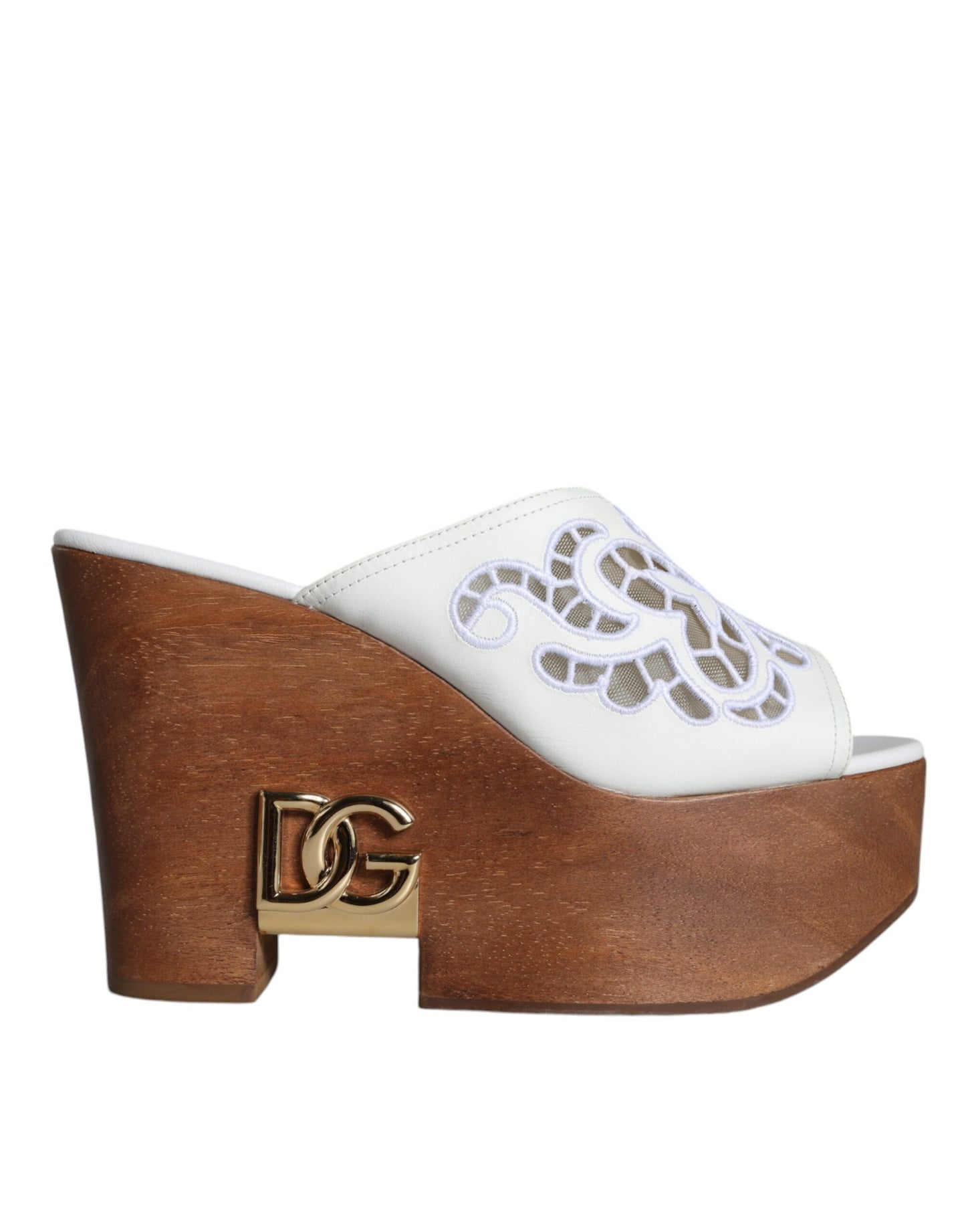 Dolce & Gabbana White Leather Wood Mules Wedge Slides Shoes EU37.5 / US7.5