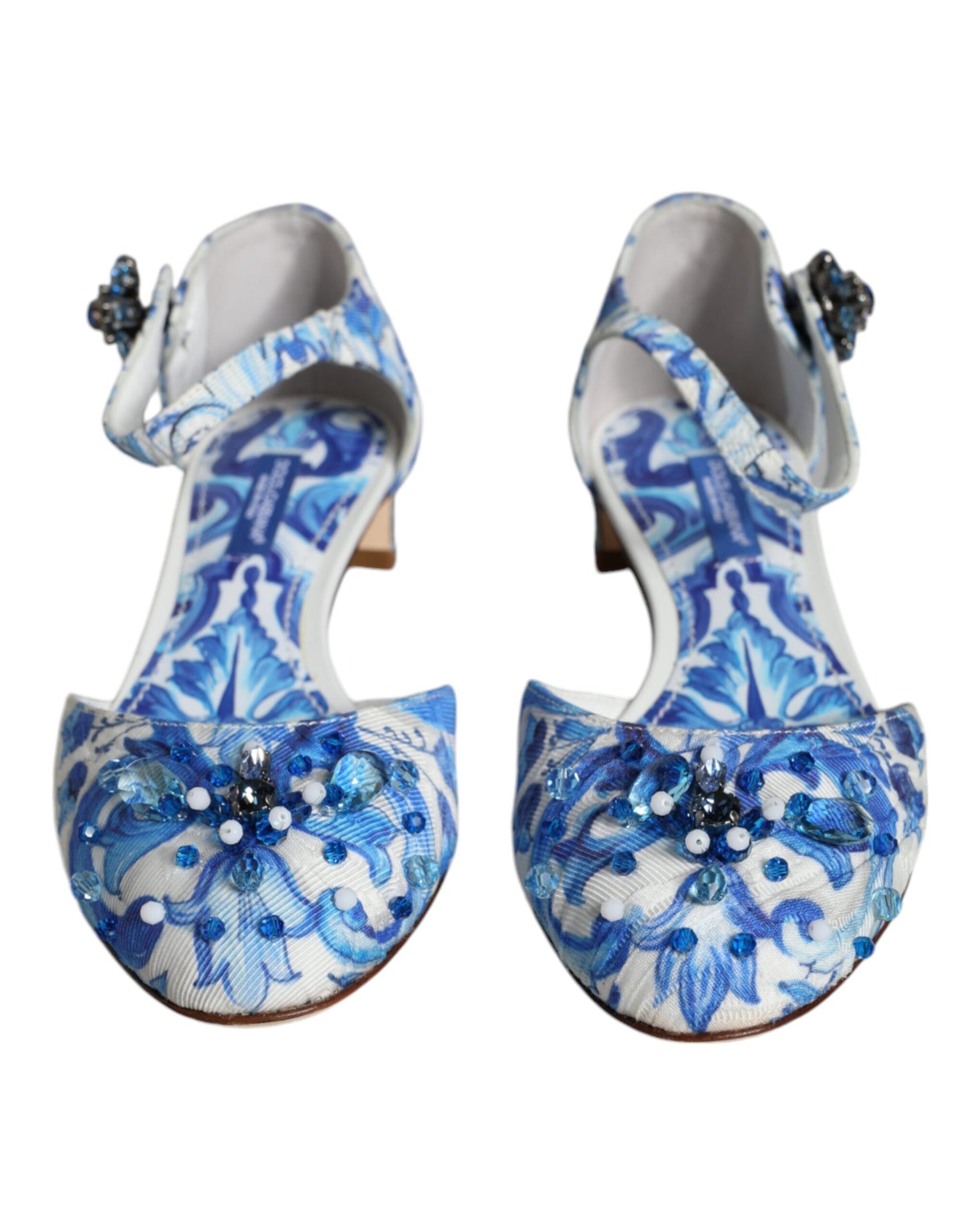 Dolce & Gabbana White Blue Majolica Print Ankle Strap Sandals Shoes EU35 / US5