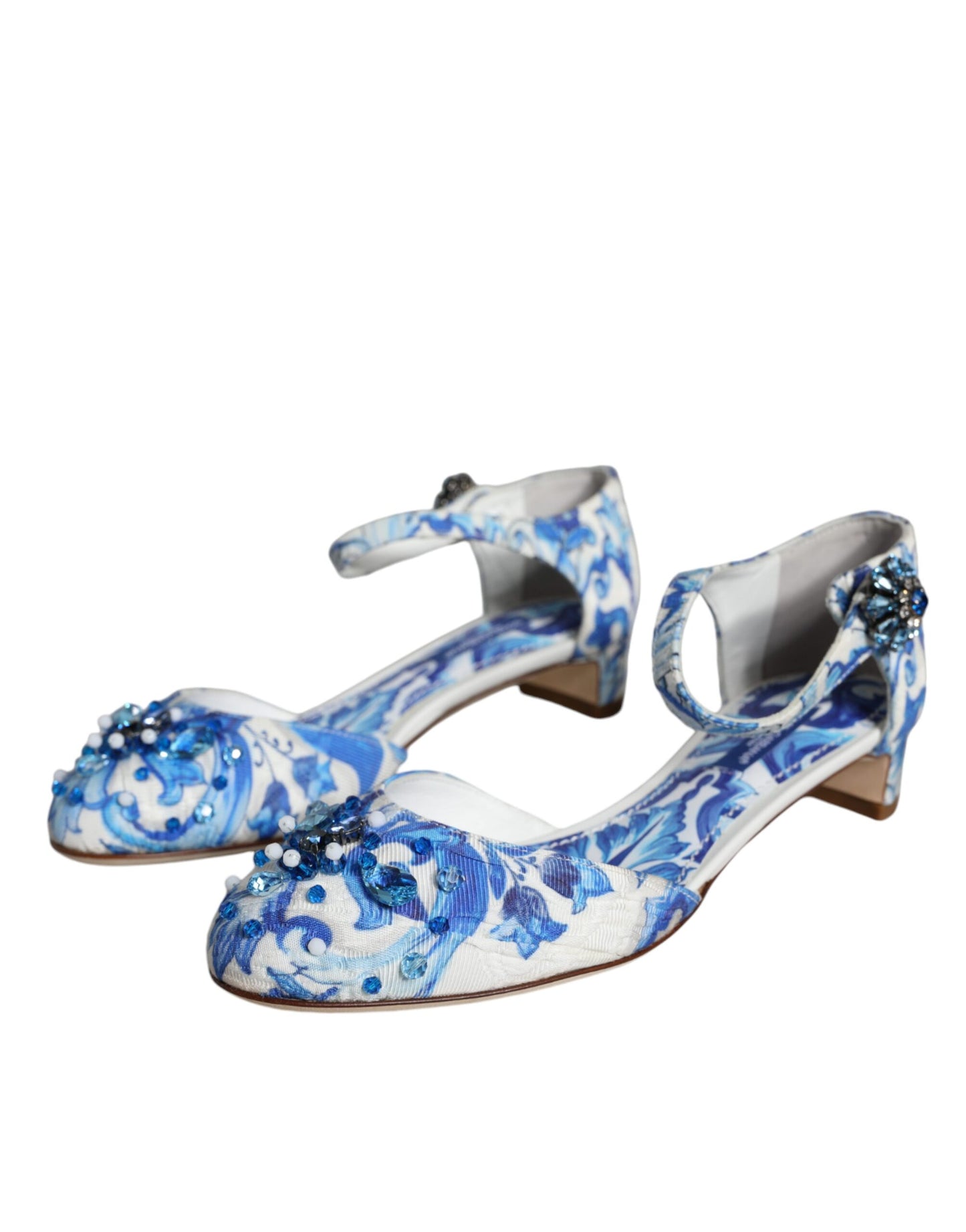 Dolce & Gabbana White Blue Majolica Print Ankle Strap Sandals Shoes EU35 / US5