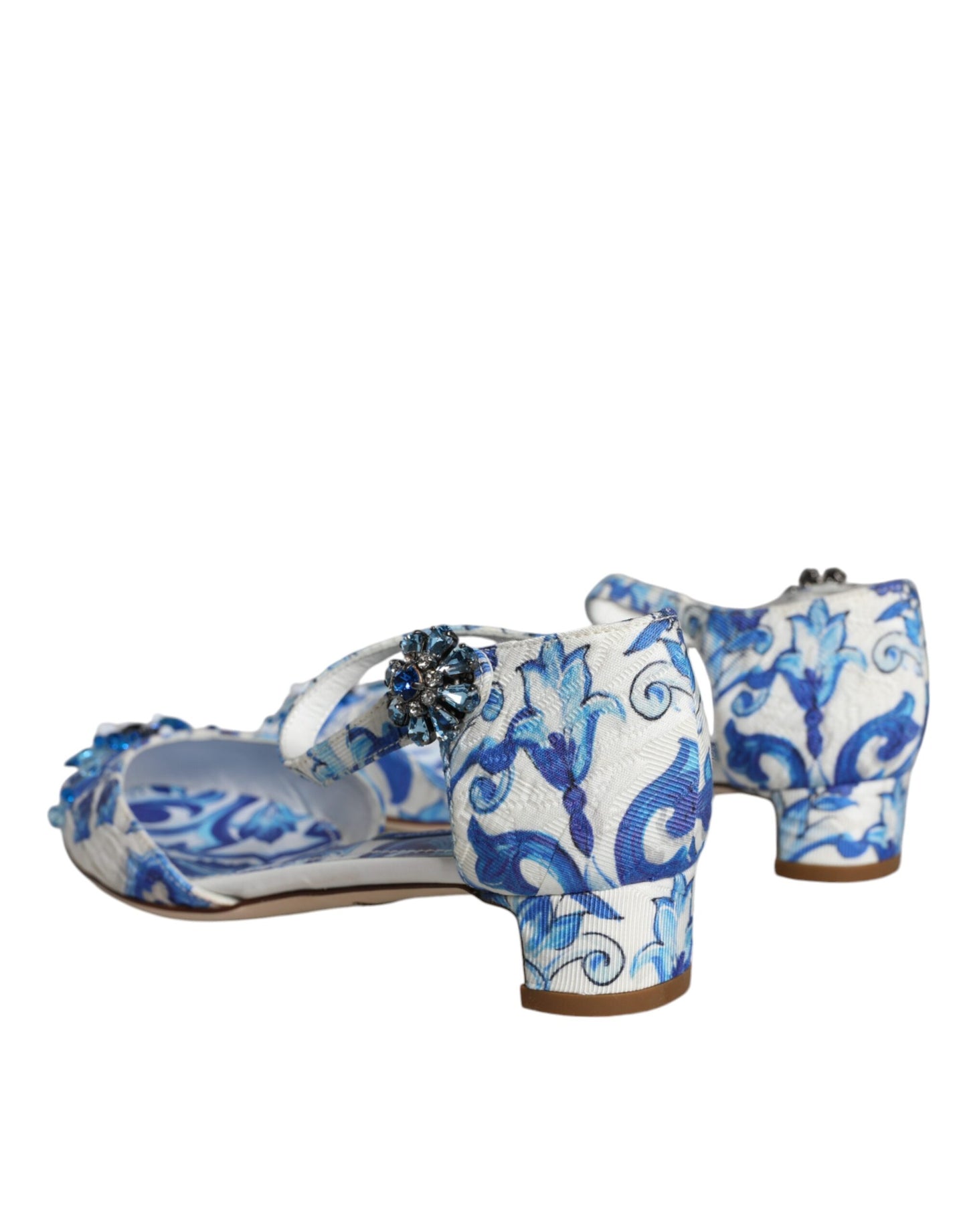 Dolce & Gabbana White Blue Majolica Print Ankle Strap Sandals Shoes EU35 / US5