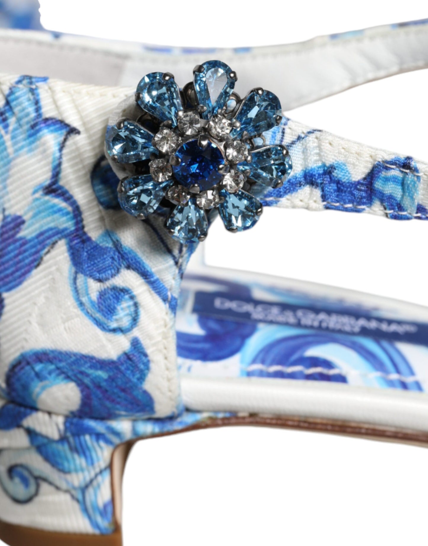 Dolce & Gabbana White Blue Majolica Print Ankle Strap Sandals Shoes EU35 / US5