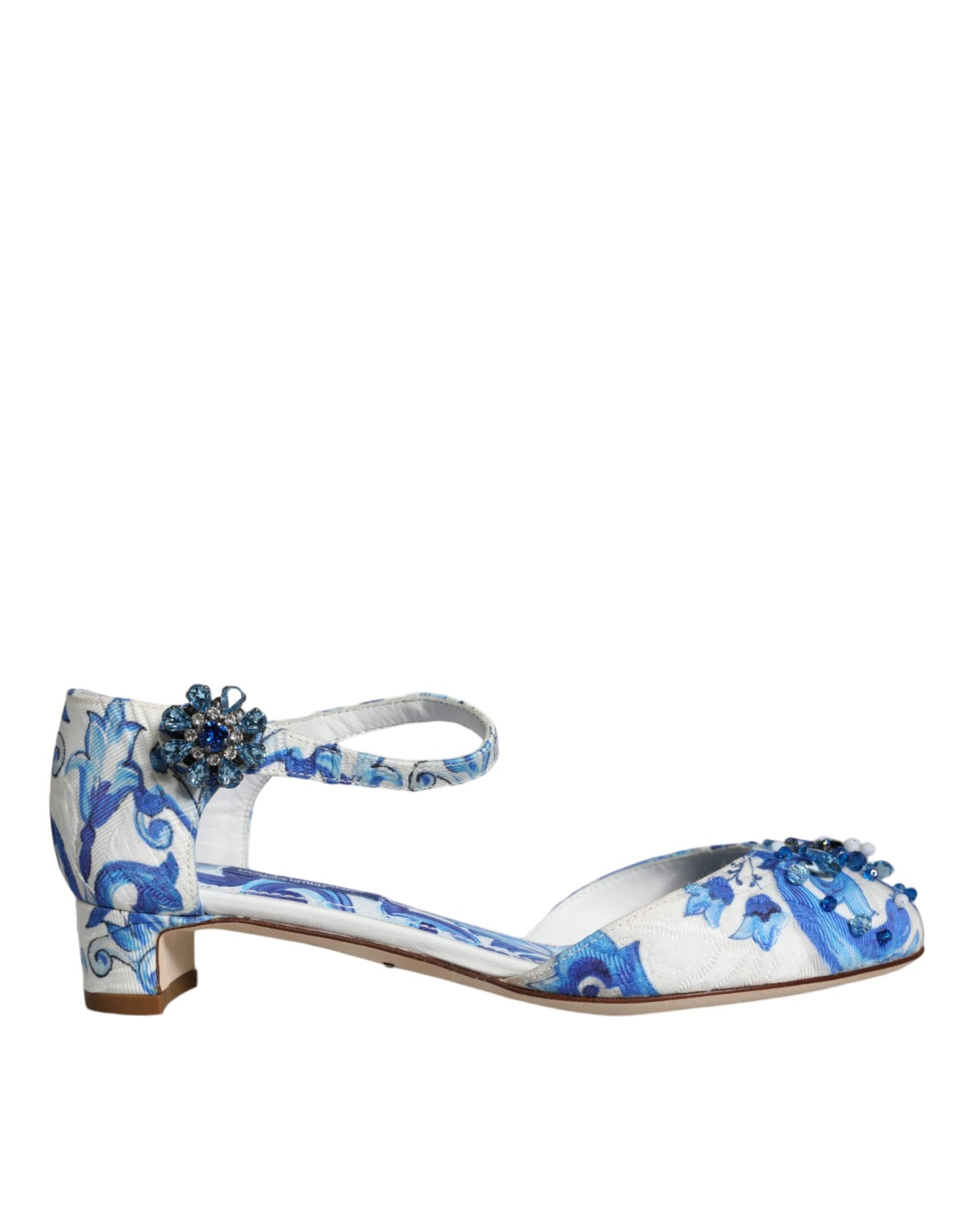 Dolce & Gabbana White Blue Majolica Print Ankle Strap Sandals Shoes EU35 / US5