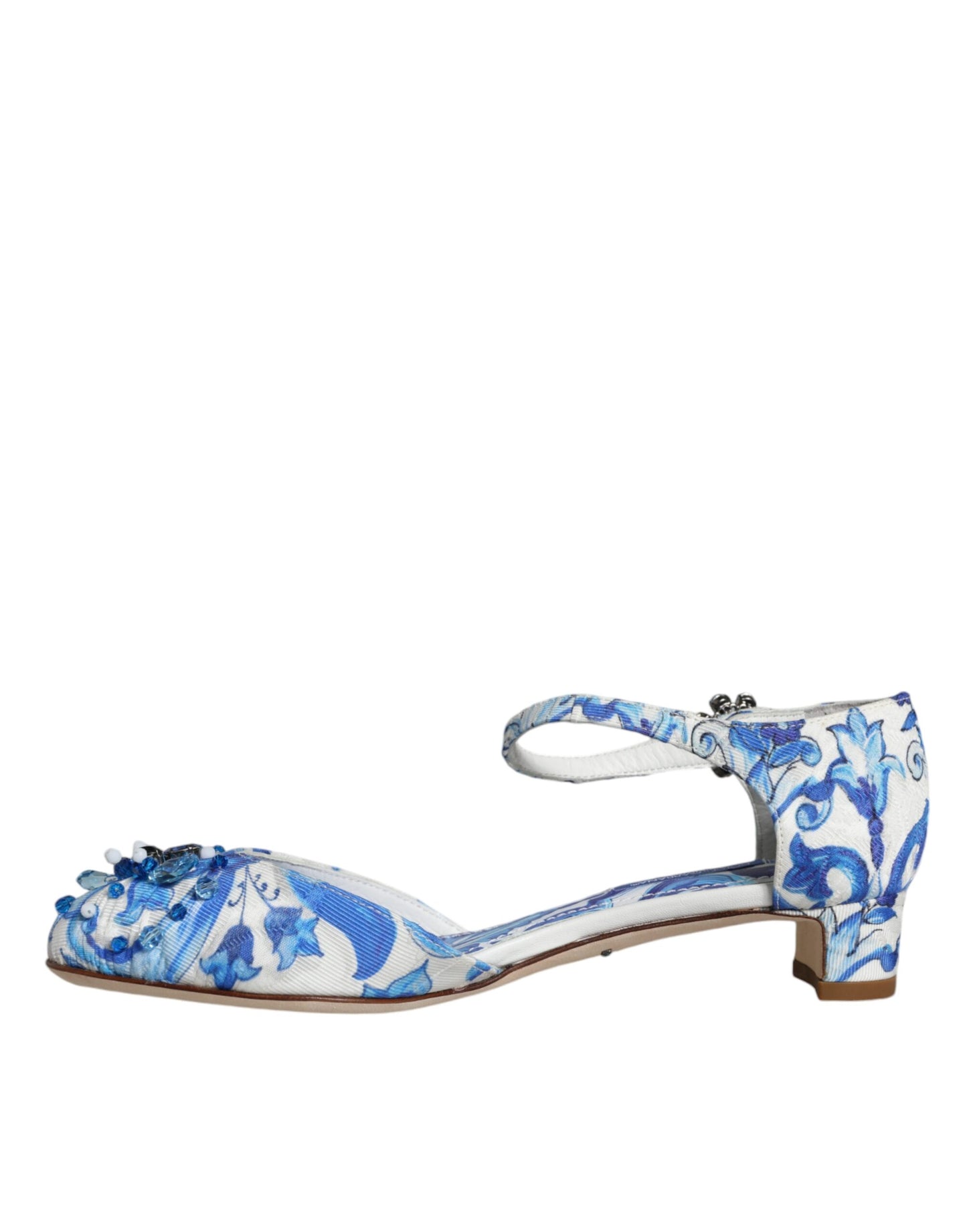 Dolce & Gabbana White Blue Majolica Print Ankle Strap Sandals Shoes EU35 / US5