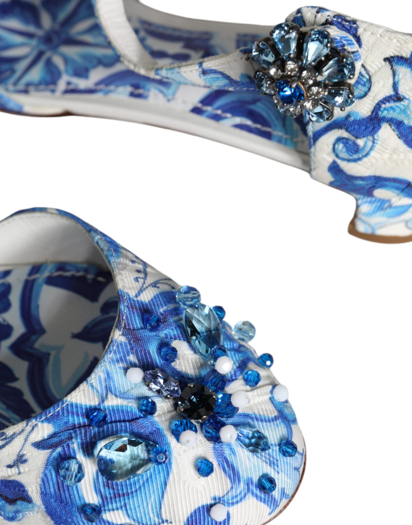 Dolce & Gabbana White Blue Majolica Print Ankle Strap Sandals Shoes EU35 / US5