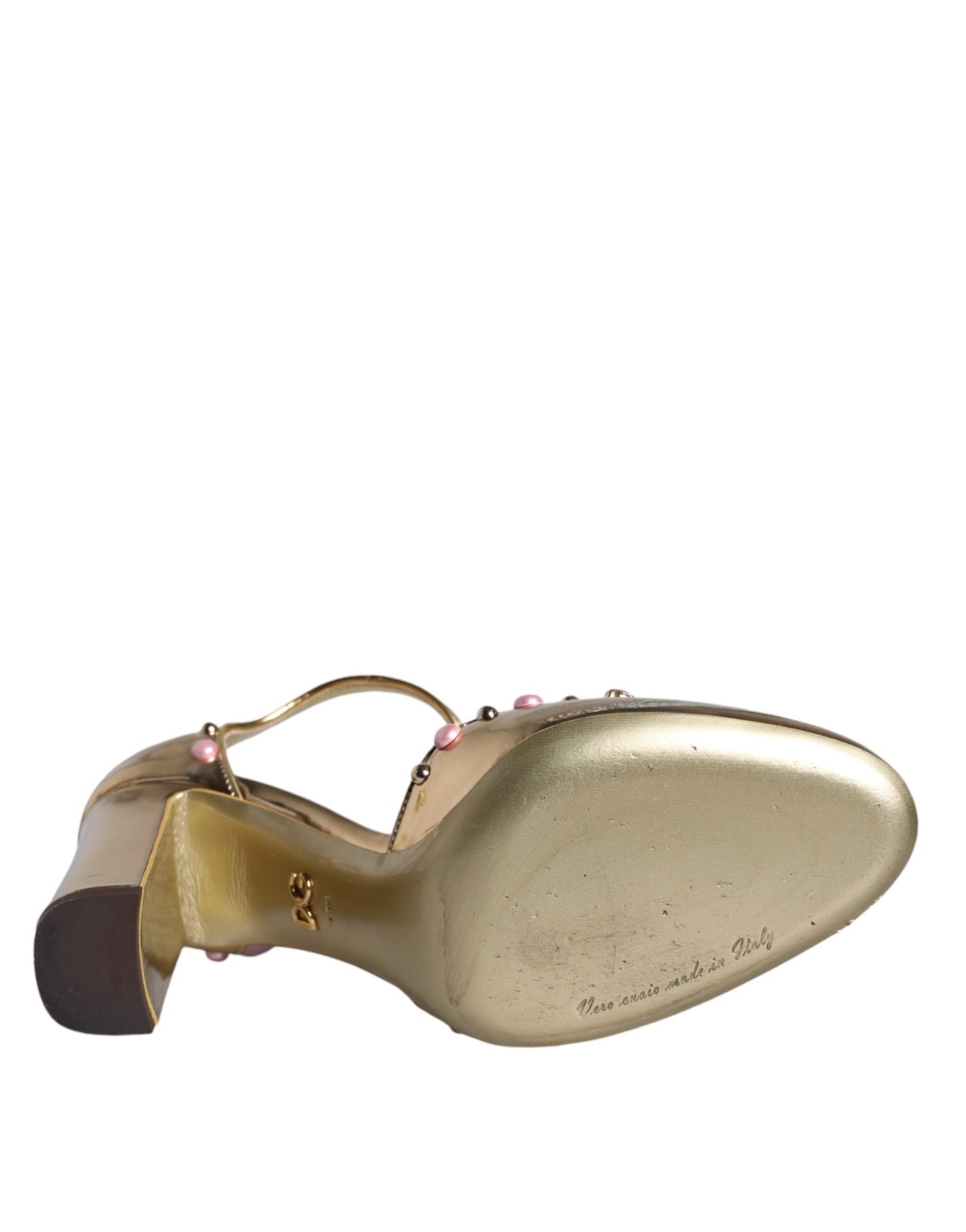 Dolce & Gabbana Gold Embellished Leather T-strap Heels Shoes EU40.5 / US10.5