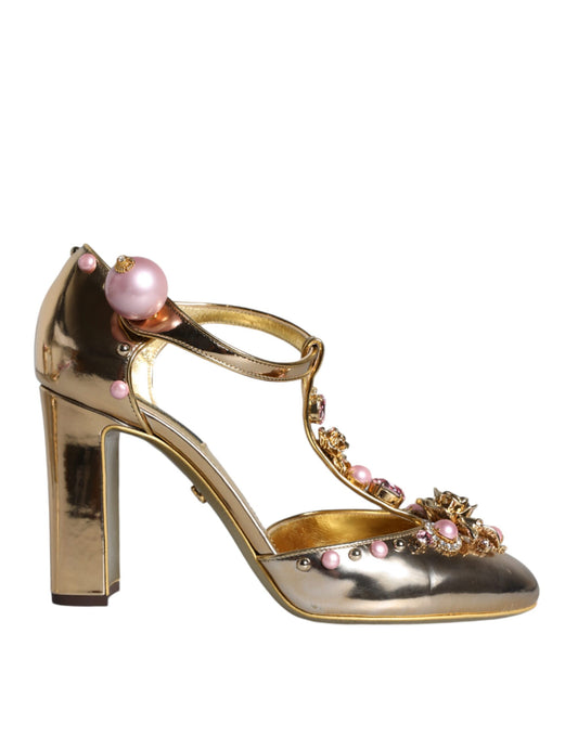 Dolce & Gabbana Gold Embellished Leather T-strap Heels Shoes EU40.5 / US10.5