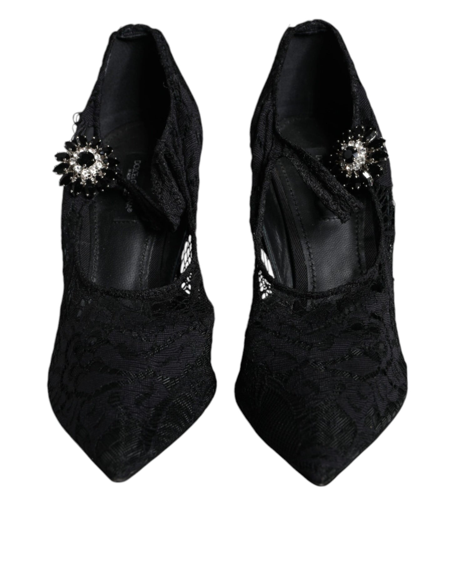 Dolce & Gabbana Black Mary Jane Pumps Lace Crystals Heels Shoes EU37 / US7