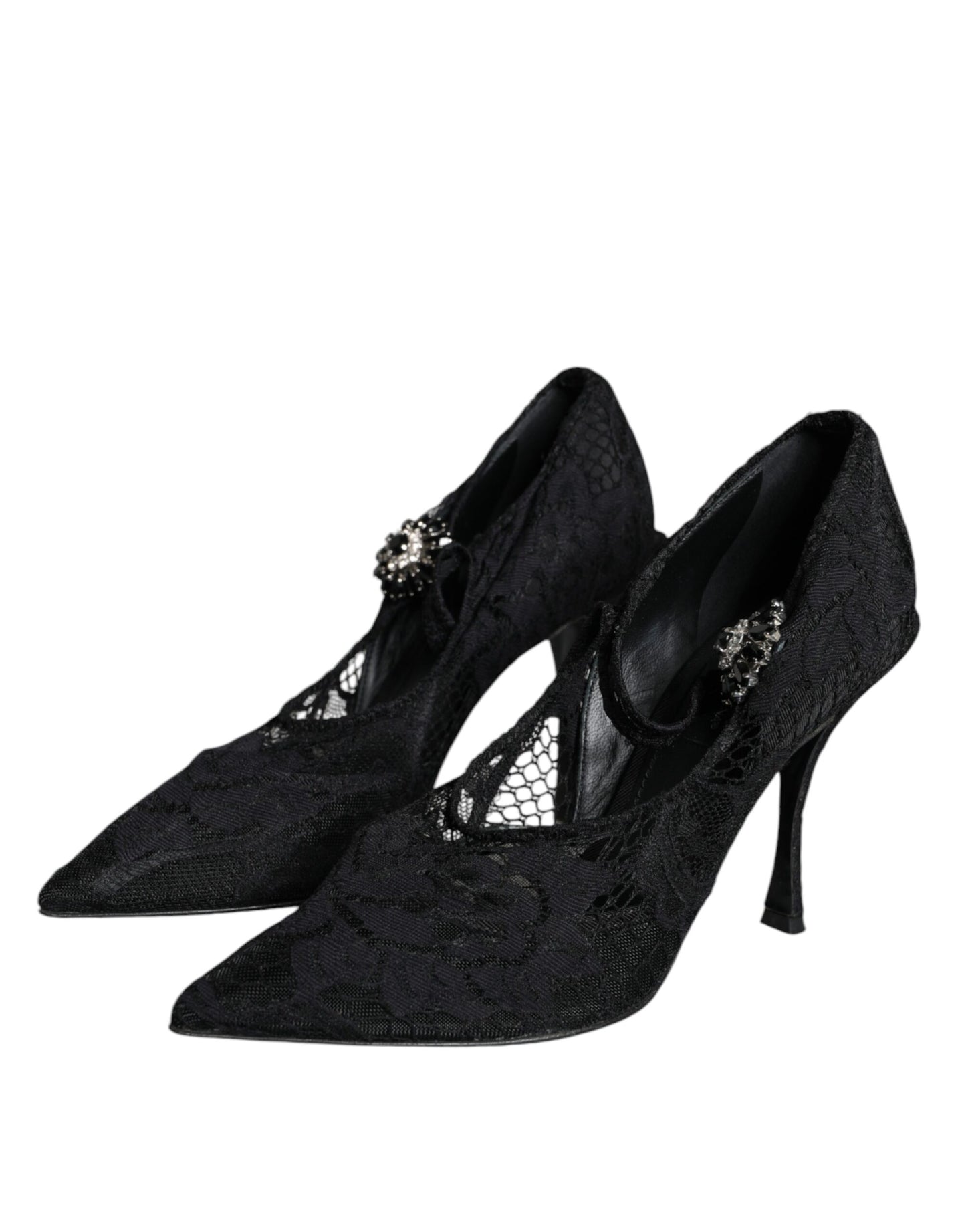 Dolce & Gabbana Black Mary Jane Pumps Lace Crystals Heels Shoes EU37 / US7