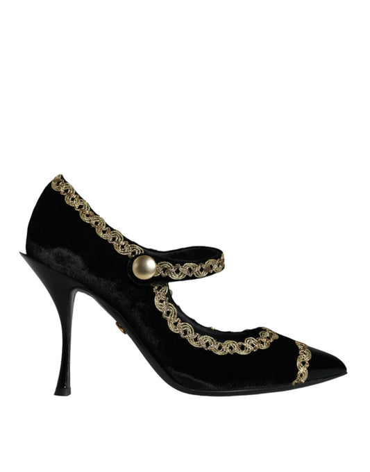 Dolce & Gabbana Black Mary Janes Velvet Gold Pumps Shoes EU36 / US6