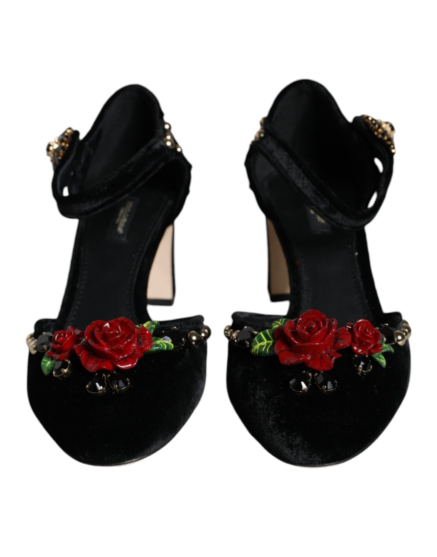 Dolce & Gabbana Black Velvet Roses Ankle Strap Pumps Shoes EU37 / US7