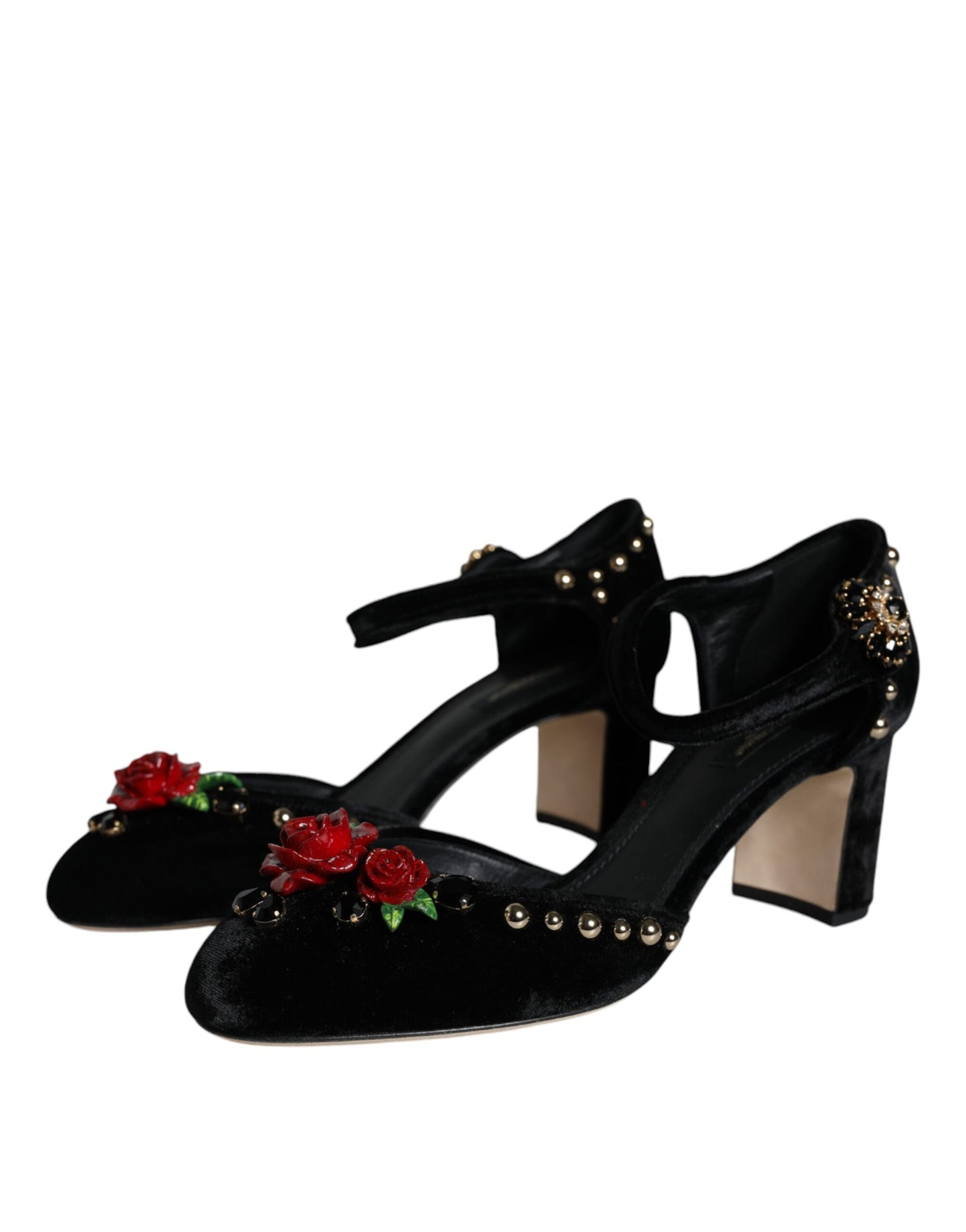 Dolce & Gabbana Black Velvet Roses Ankle Strap Pumps Shoes EU37 / US7