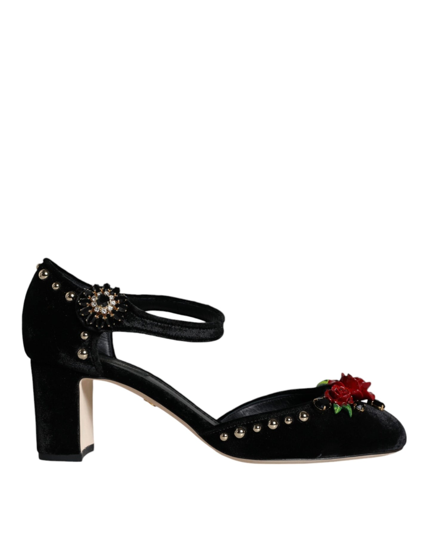 Dolce & Gabbana Black Velvet Roses Ankle Strap Pumps Shoes EU37 / US7