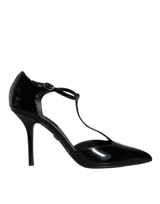 Dolce & Gabbana Black Patent Leather T-strap Heels Pumps Shoes EU37.5 / US7.5