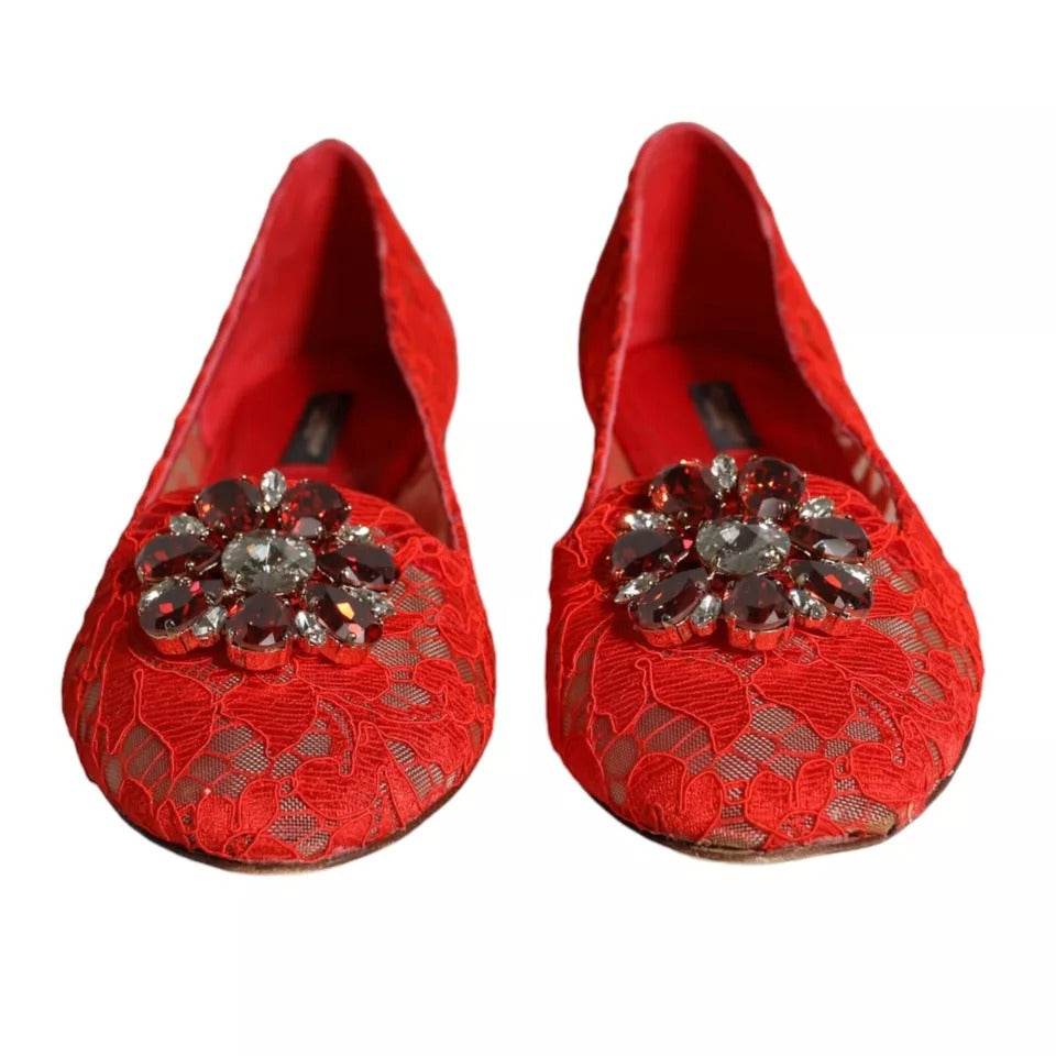 Dolce & Gabbana Red Lace Crystal Ballet Flats Loafers Shoes EU39 / US8.5