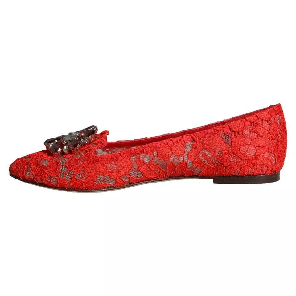 Dolce & Gabbana Red Lace Crystal Ballet Flats Loafers Shoes EU39 / US8.5