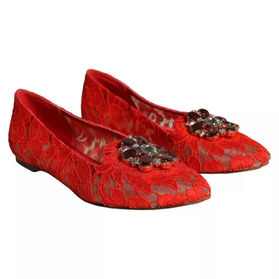 Dolce & Gabbana Red Lace Crystal Ballet Flats Loafers Shoes EU39 / US8.5