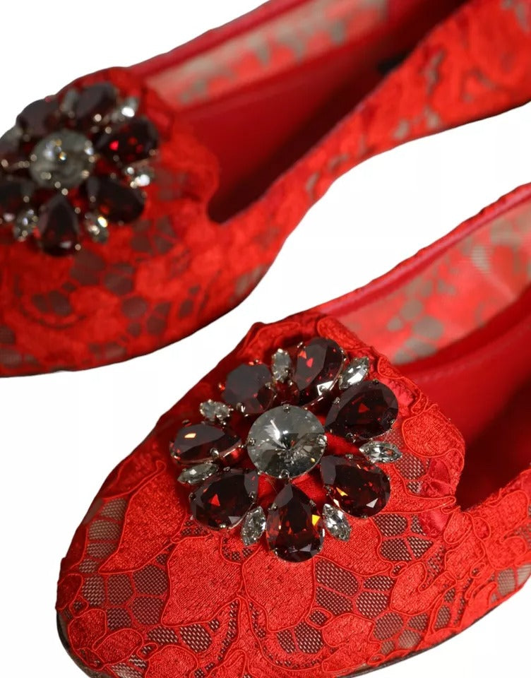 Dolce & Gabbana Red Lace Crystal Ballet Flats Loafers Shoes EU39 / US8.5