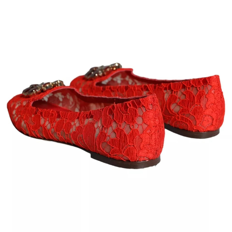 Dolce & Gabbana Red Lace Crystal Ballet Flats Loafers Shoes EU39 / US8.5